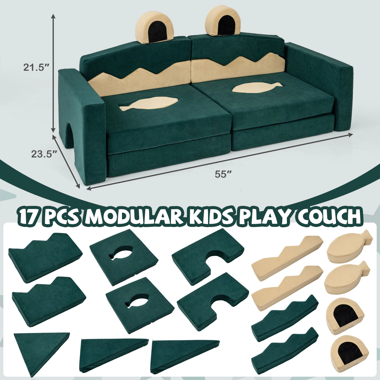 SUGIFT 17-Piece Modular Kids Play Couch Sofa Chair 55-in Wide Velvet Fabric and Foam Ages 3+ Crocodile
