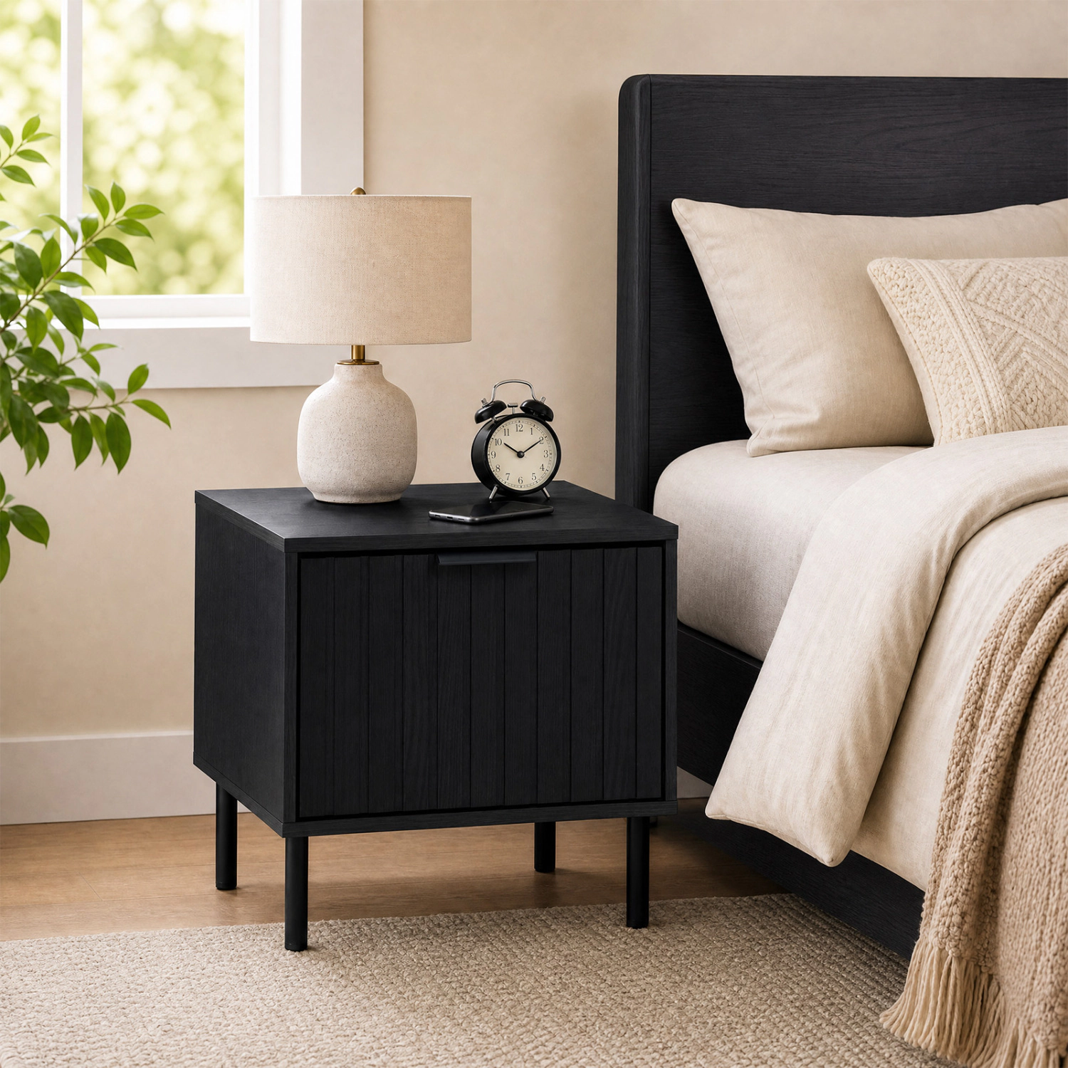 LJG Black Modern Nightstand with Vertical-Striped Storage Drawer