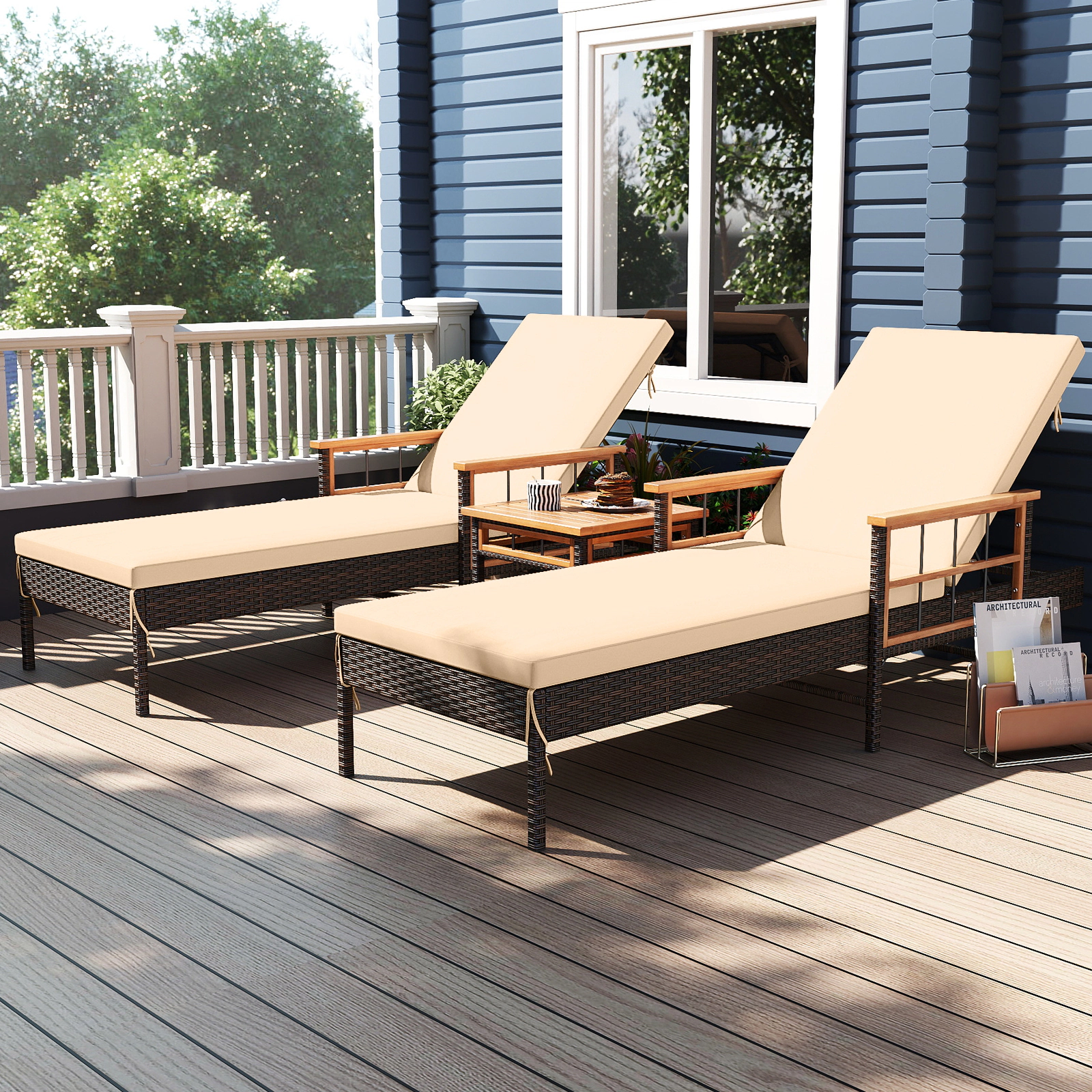 LJG Patio Rattan Chaise Lounge with Side Table and Adjustable Backrest