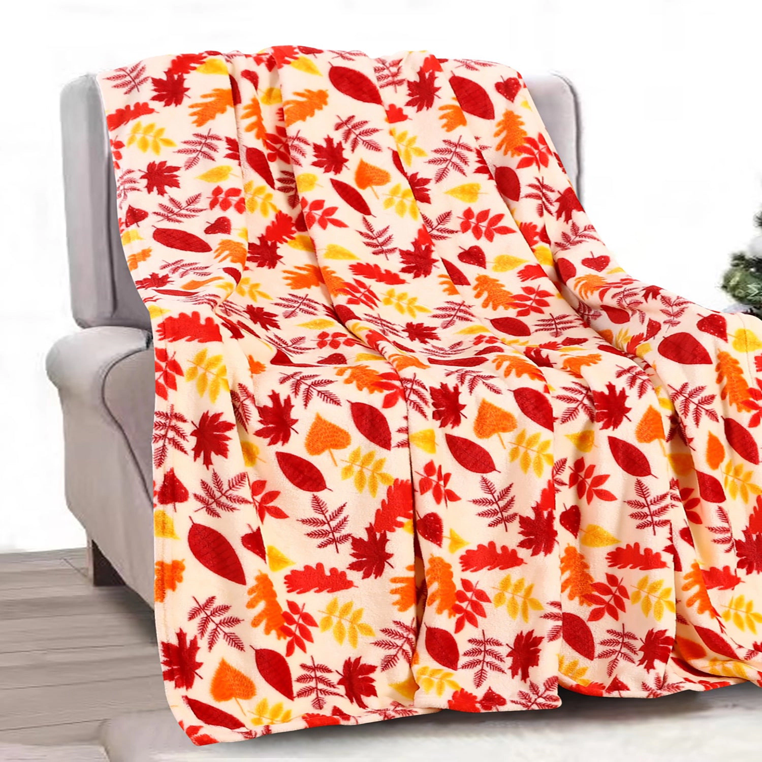 Plazatex Premium Fleece Ultra Soft & Plush Fall Autumn Leaves Hypoallergenic Fleece Throw Blanket 50" x 60" Multicolor