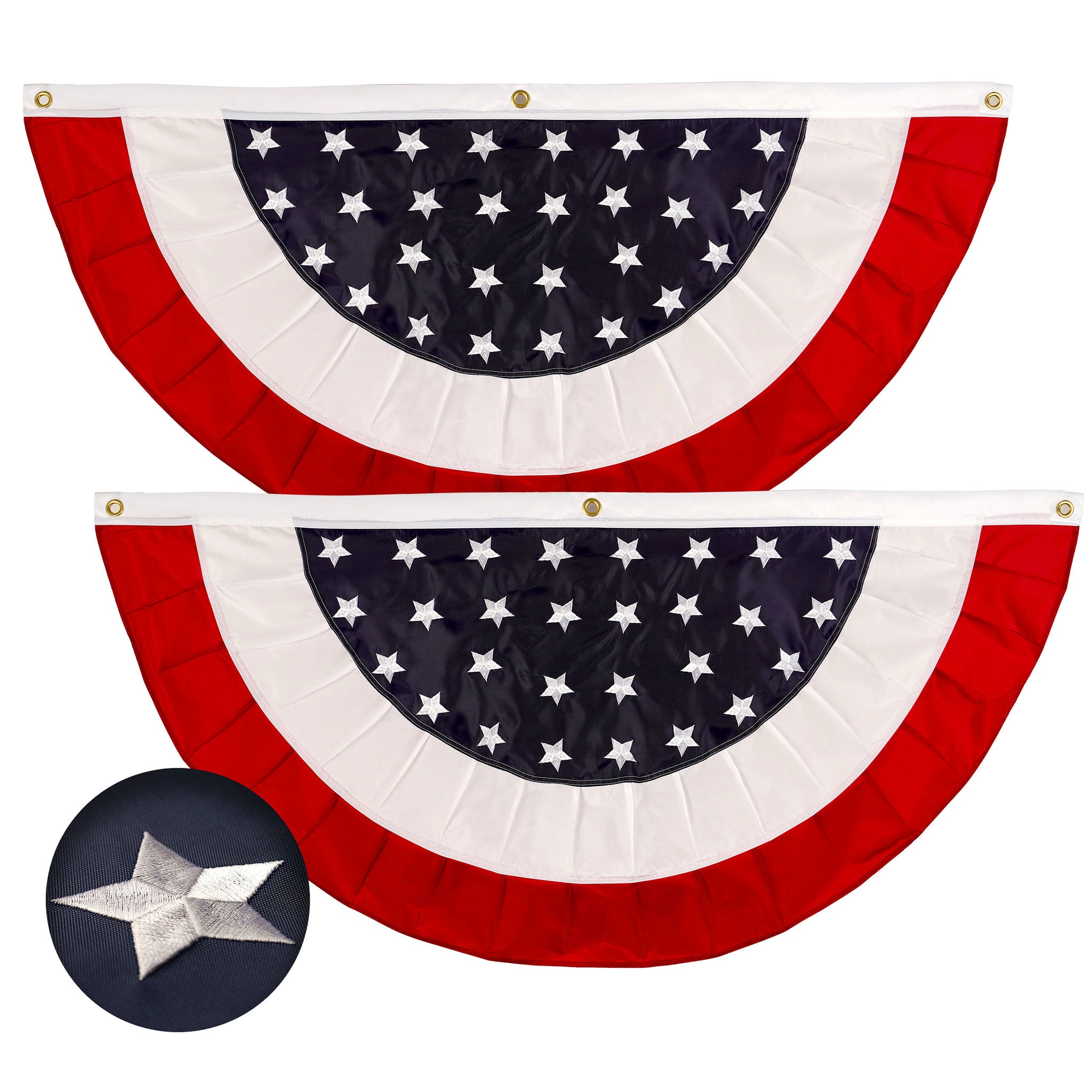 G128 2-Pack USA Pleated Fan Flag 3x6 ft - Embroidered Stars, Polyester