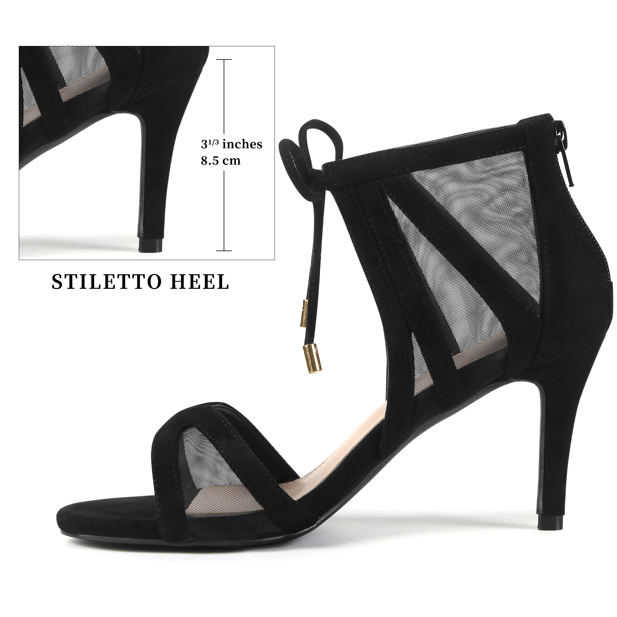 BLISSFUL STEP Women's Mesh Open Toe Lace Up Zip Stiletto Heel Gladiator Sandals