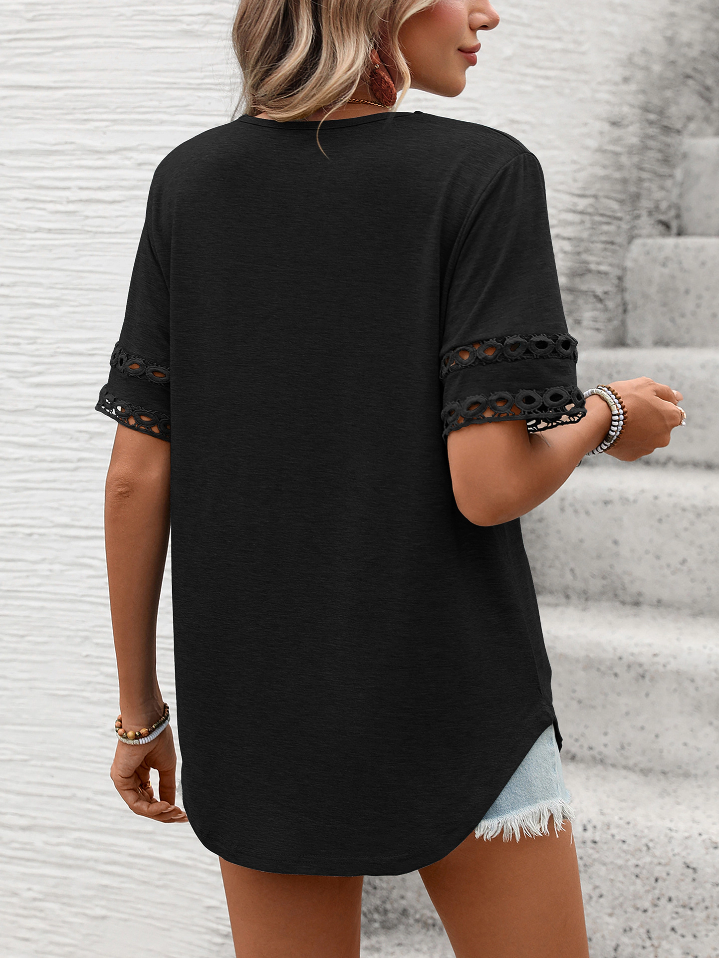 Enchanted Funland Womens V‑Neck Crochet Lace Cuff Short Sleeve Solid Tops