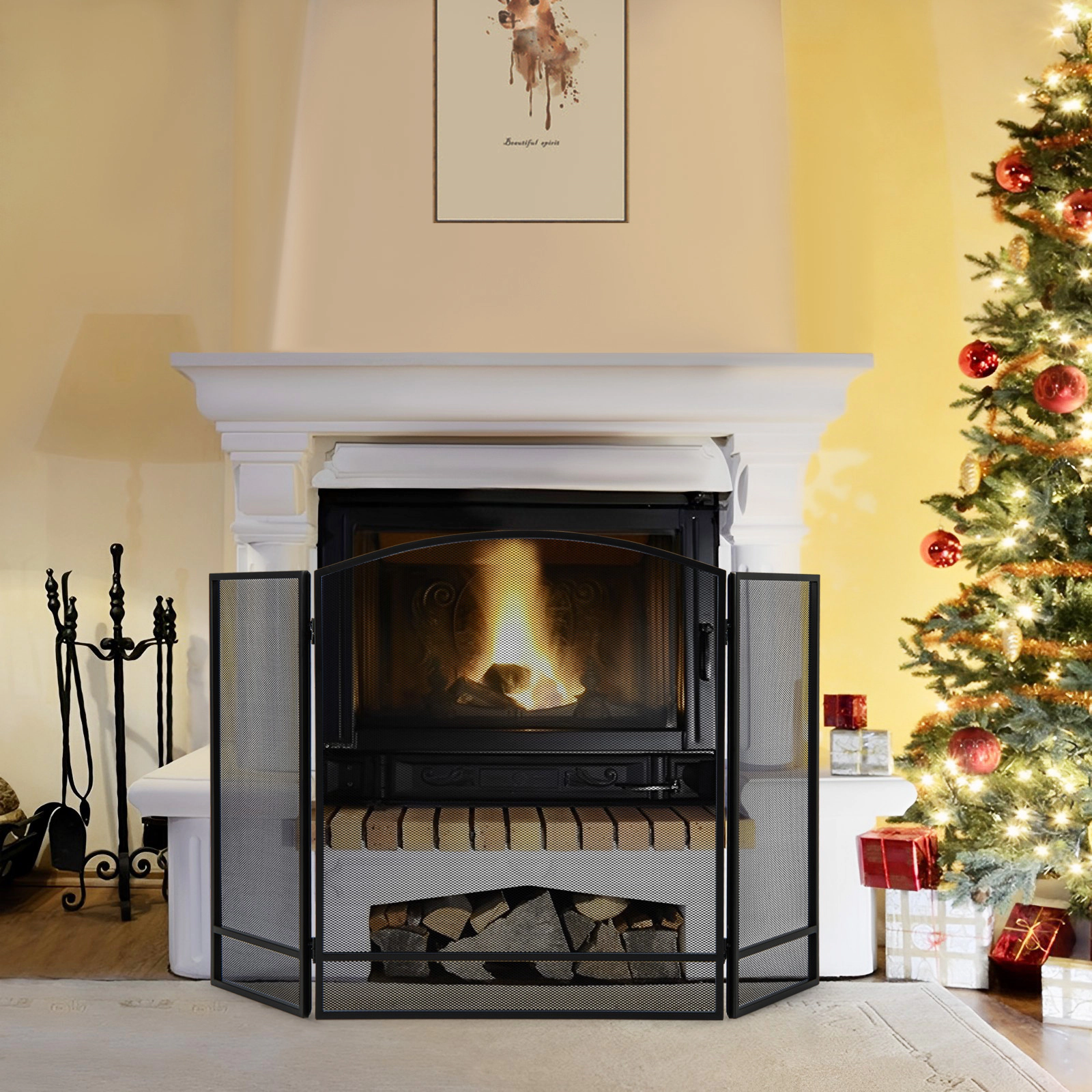 SUGIFT 3-Panel Folding Fireplace Screen, 48.5 in W x 29 in H, Black Wrought Iron Mesh