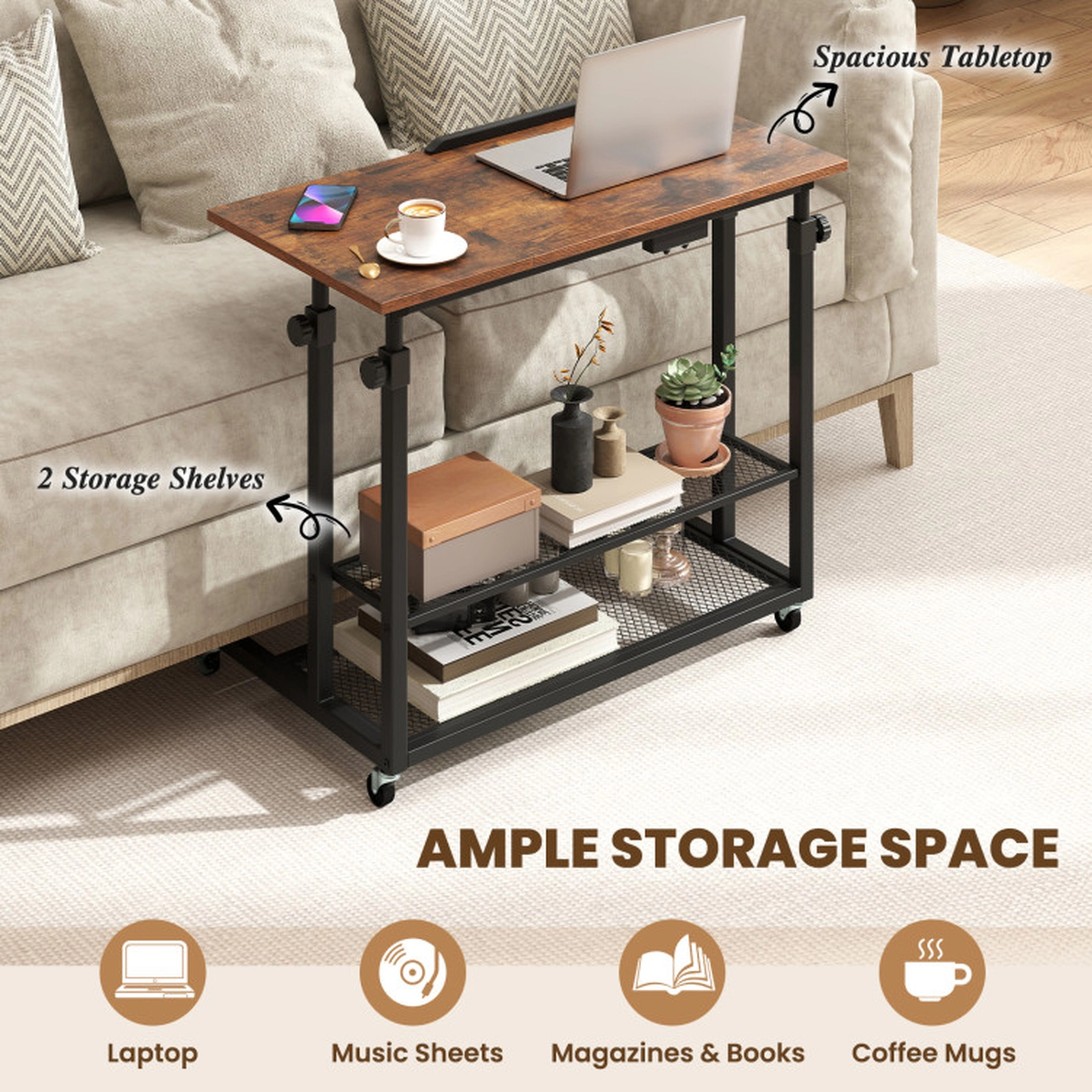 SUGIFT Rustic Brown Mobile Adjustable Standing Desk with Tilting Top and Mesh Shelves