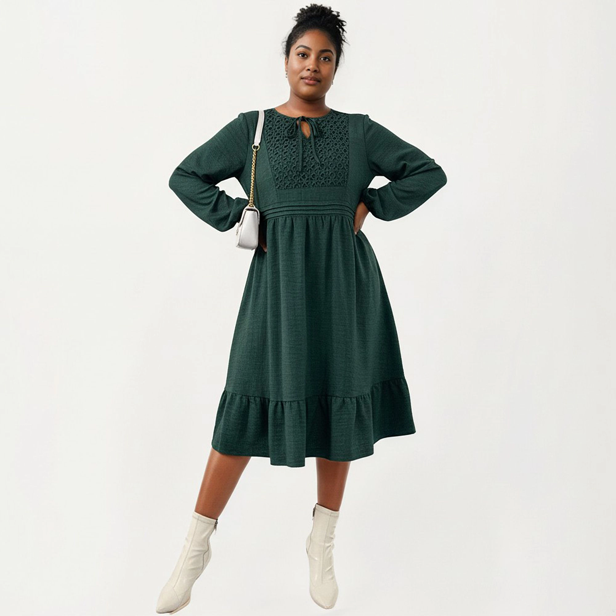Anna-Kaci Women's Plus Long Sleeve Embroidered Elastic Waist Tiered Hem Midi Dress