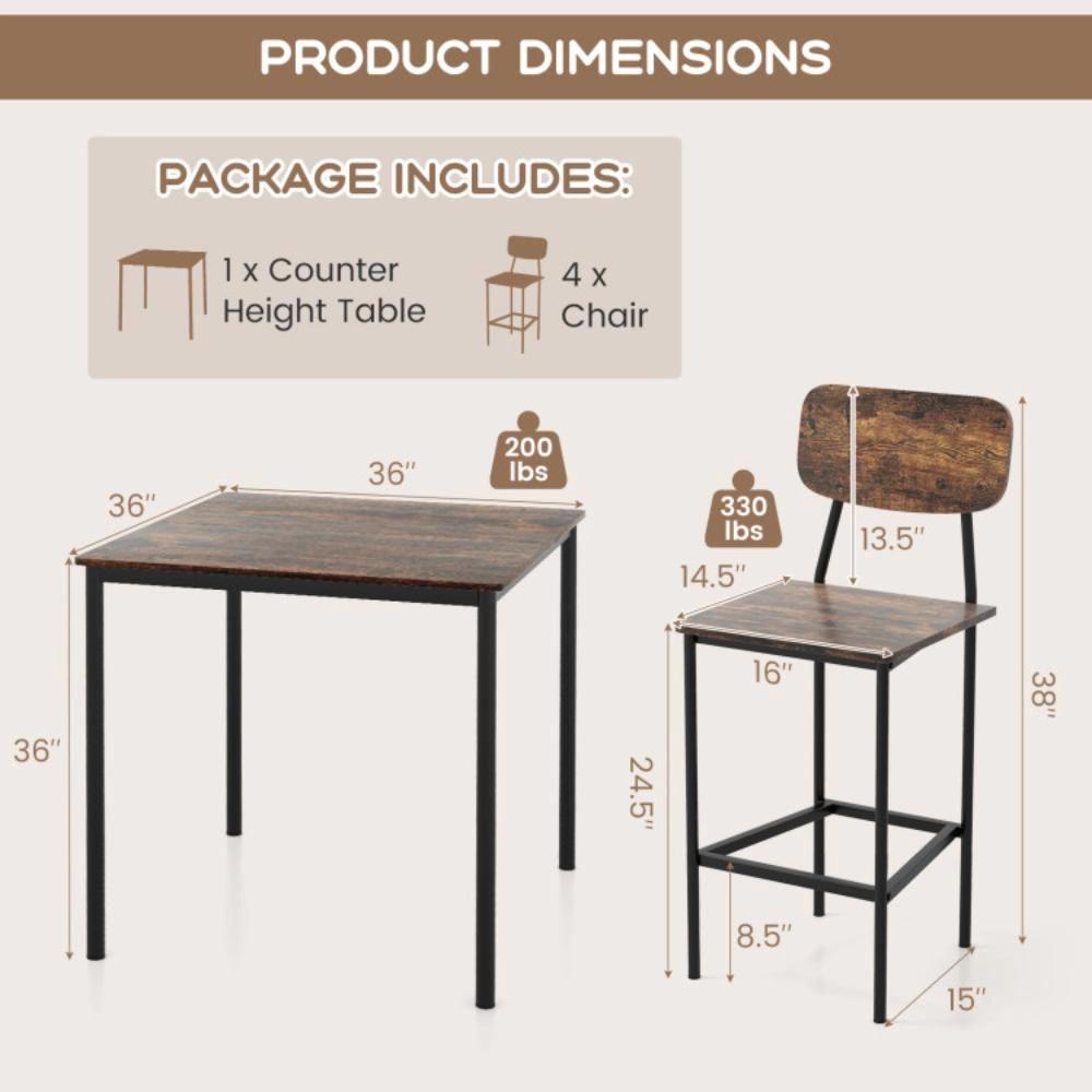 Hivvago 5 Pieces Industrial Dining Table Set With Counter Height And 4 Bar Stools