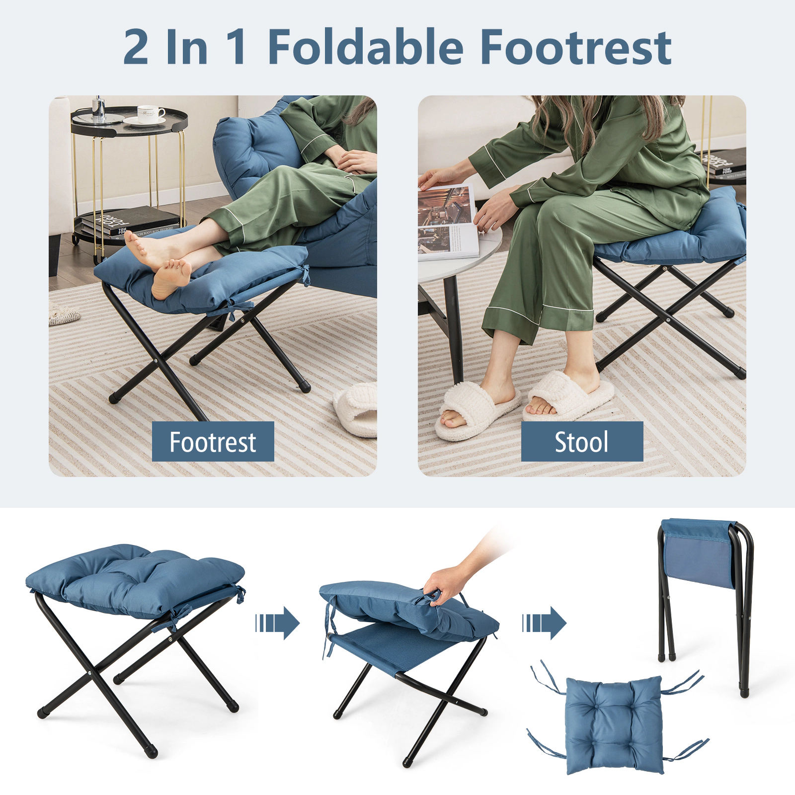 SUGIFT Modern Accent Sofa Chair with Folding Footrest & Side Pocket 330-lb Chair Capacity 110-lb Footrest Capacity Navy