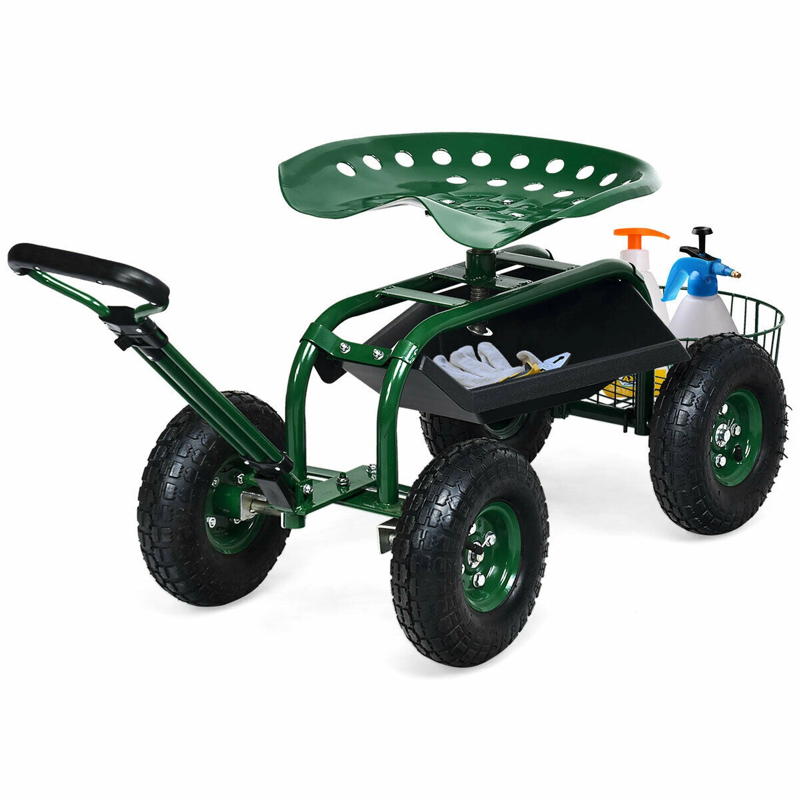 SUGIFT Heavy Duty Garden Cart with Tool Tray and 360 Swivel Seat 330-lb Capacity Green