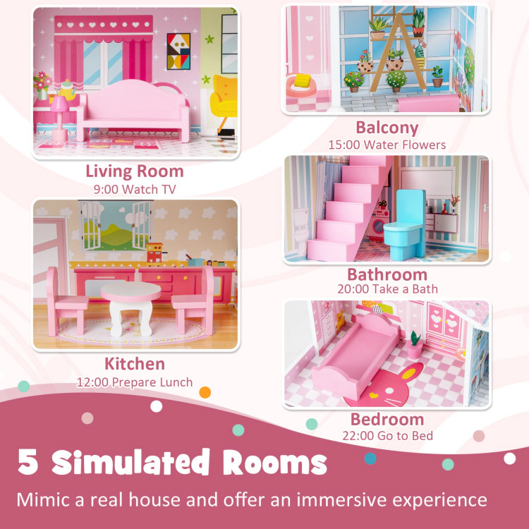 Hivvago Kids Wooden Dollhouse Playset with 5 Simulated Rooms and 10 Pieces of Furniture