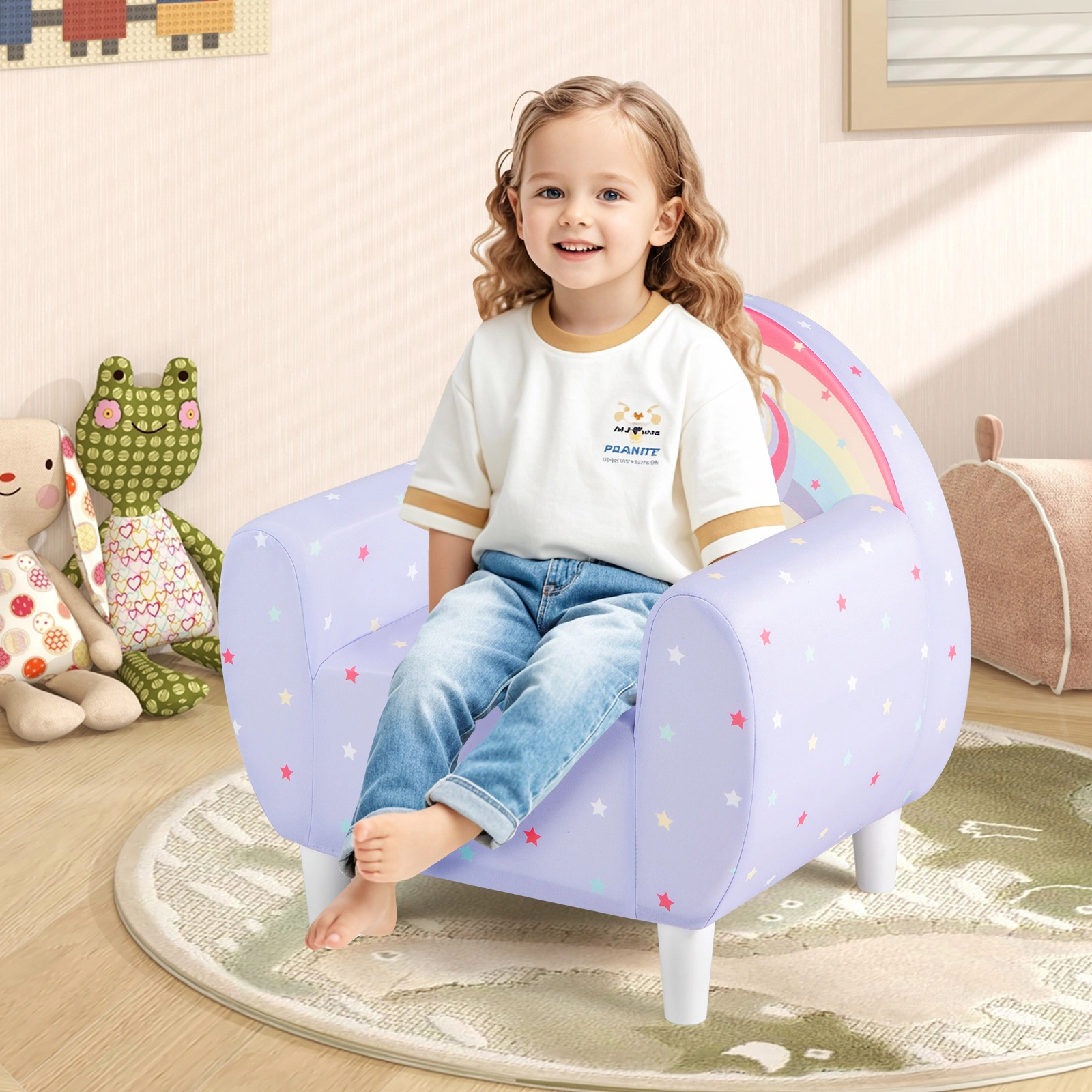 SUGIFT Purple Breathable Spandex Cover Unicorn Print and Wooden Frame Kids Sofa