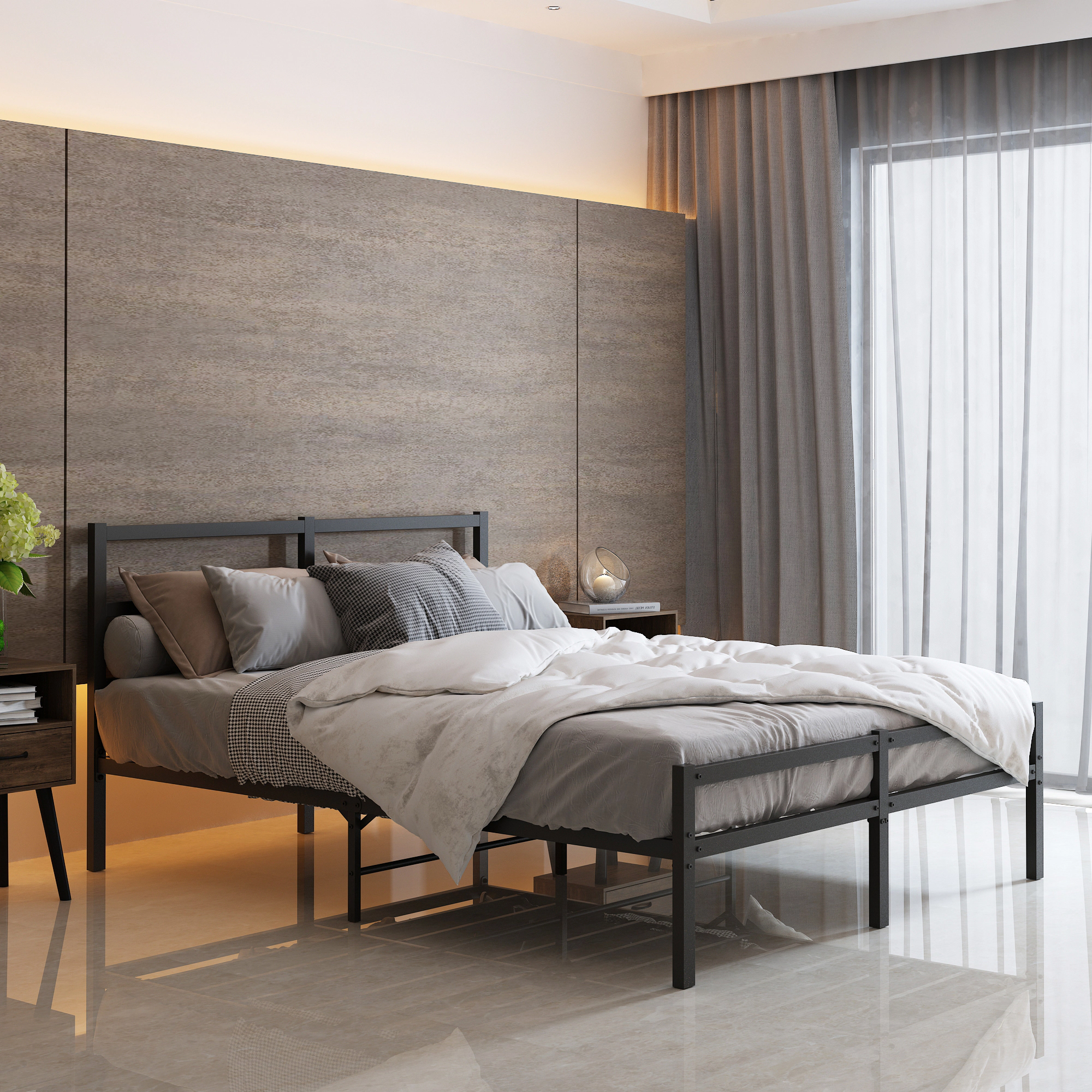 Flynama Full Metal Platform Bed Frame with Headboard, No Box Spring Needed