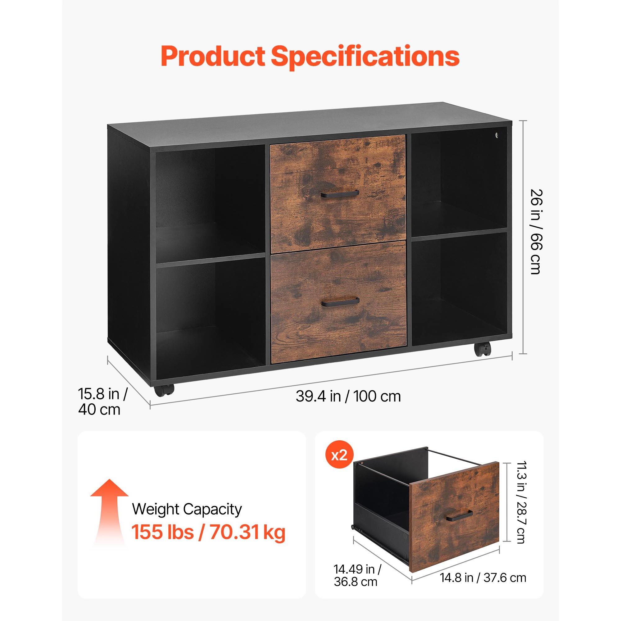 HONGGE Mobile Filing Cabinet with Lockable Rolling File Storage and Shelves Standing Printer Stand for Home Office