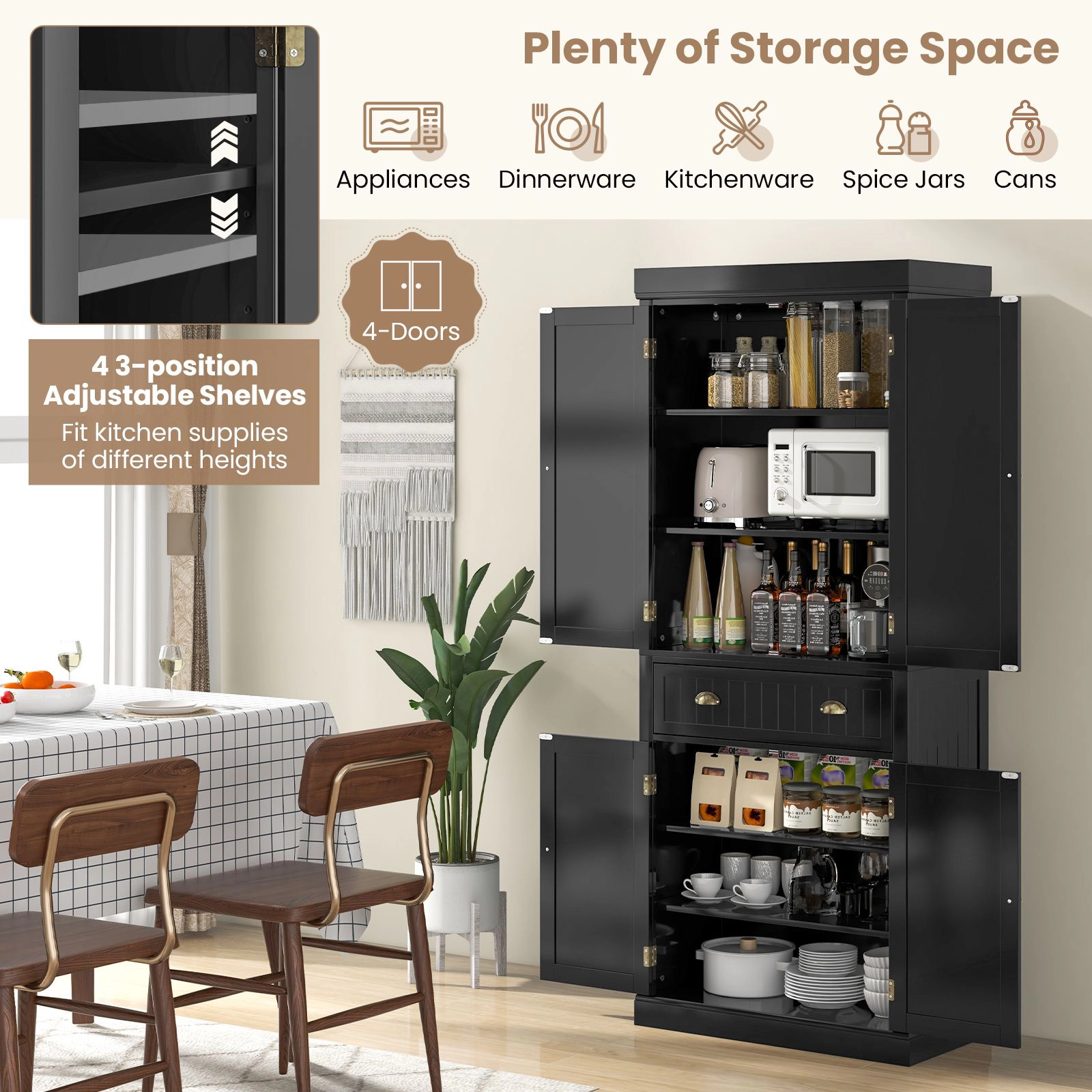 SlickBlue Freestanding Pantry Storage Cabinet with 4 Doors for Kitchen Organization