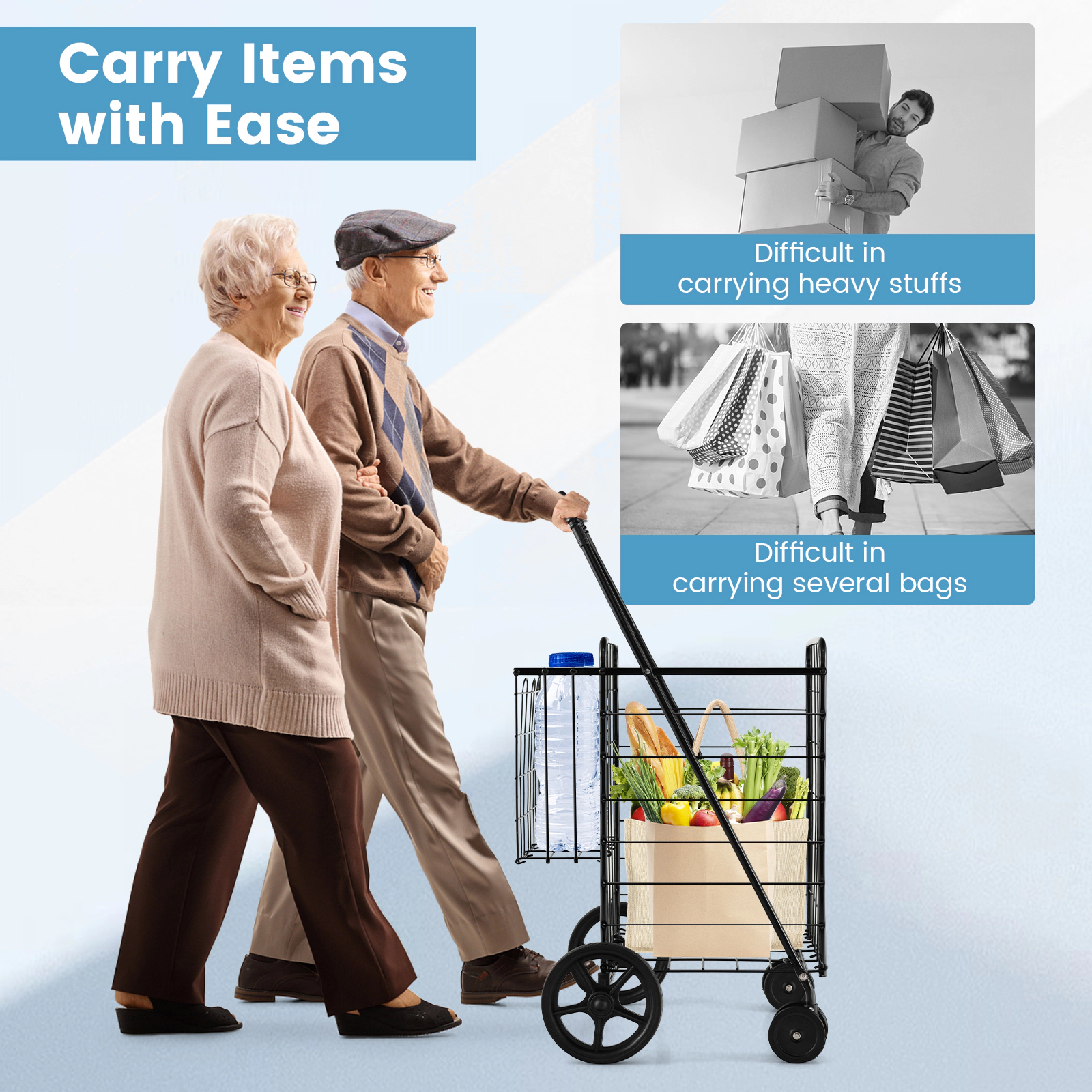 SUGIFT Folding Shopping Cart for Laundry & Groceries with Swiveling Wheels & Dual Storage Baskets 88-lb Capacity Black