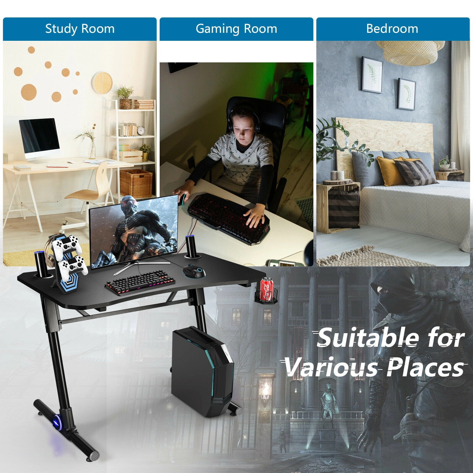 SUGIFT 43.5-in Height Gaming Computer Desk 176-lb Capacity Z-Shaped Base with Cup Holder and Blue LED Lights Black