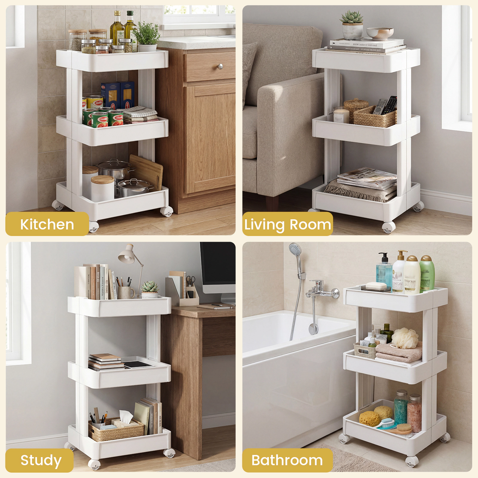 SUGIFT 3-Tier Rolling Utility Cart with Detachable Ventilated Trays 80-lb Capacity Smooth Wheels White