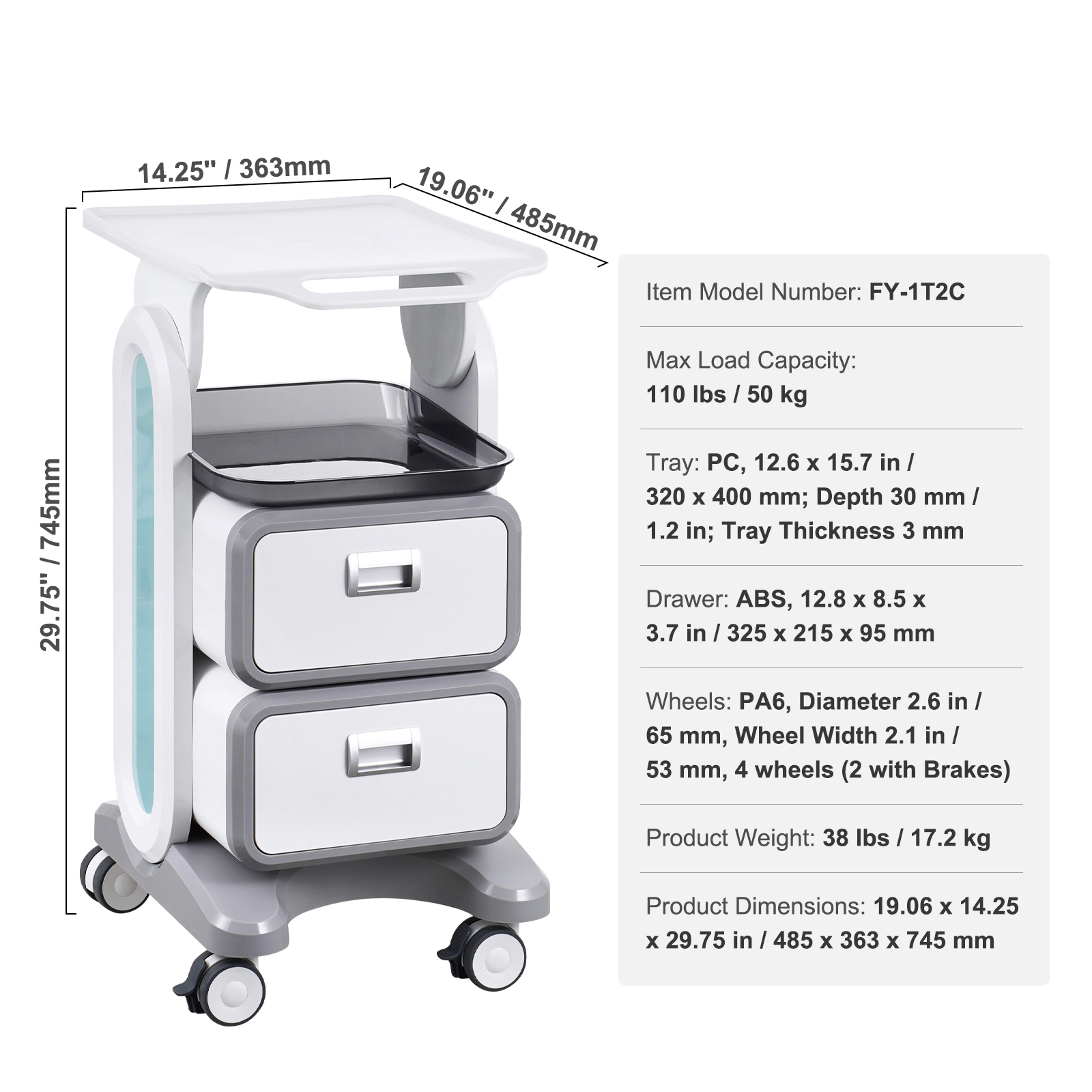 HONGGE Lab Carts Lab Utility Cart with & 1 Top Tray Mobile Medical Cart with ABS Material Lab Rolling Cart with 4
