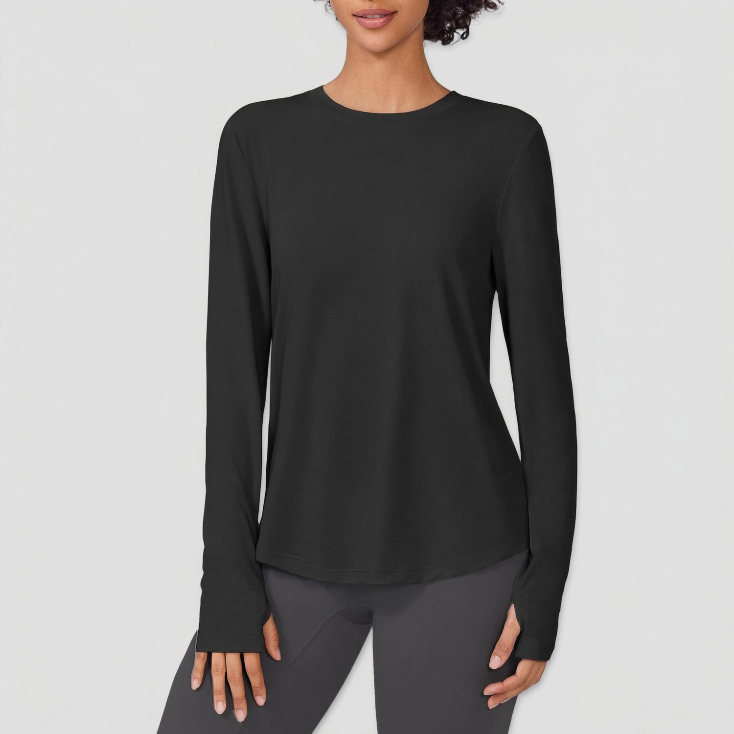 Pinspark Women's Long Sleeve Crew Neck Solid Thumb Hole T-Shirt