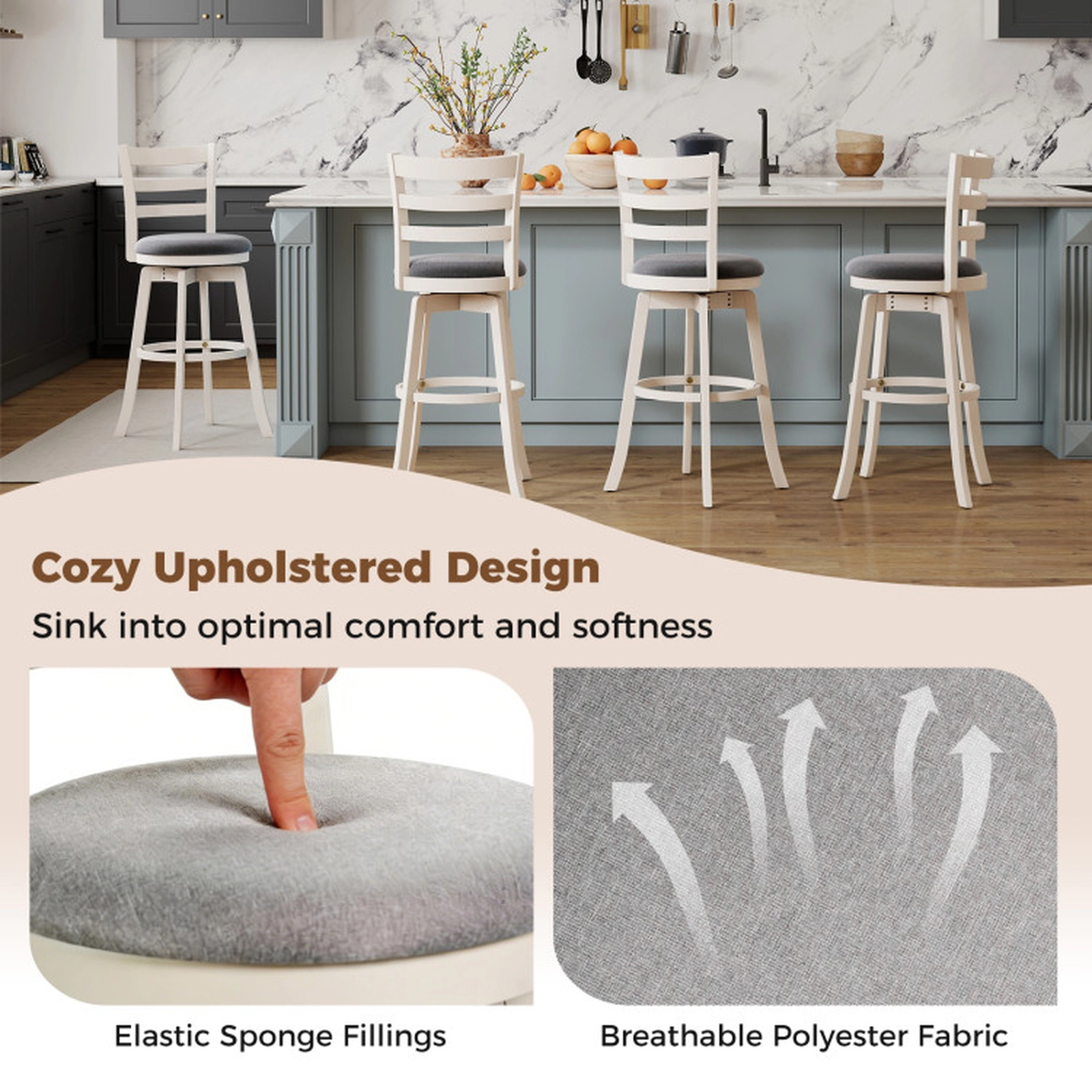 SUGIFT Set of 2 30.5-Inch Swivel Bar Stools, Upholstered Curved Backrest, Footrest