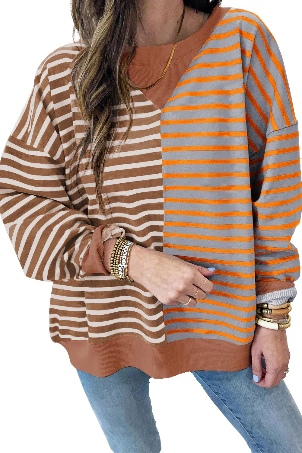Sol Living Womens Casual Stripe Colorblock Drop Shoulder Oversize Sweatshirt