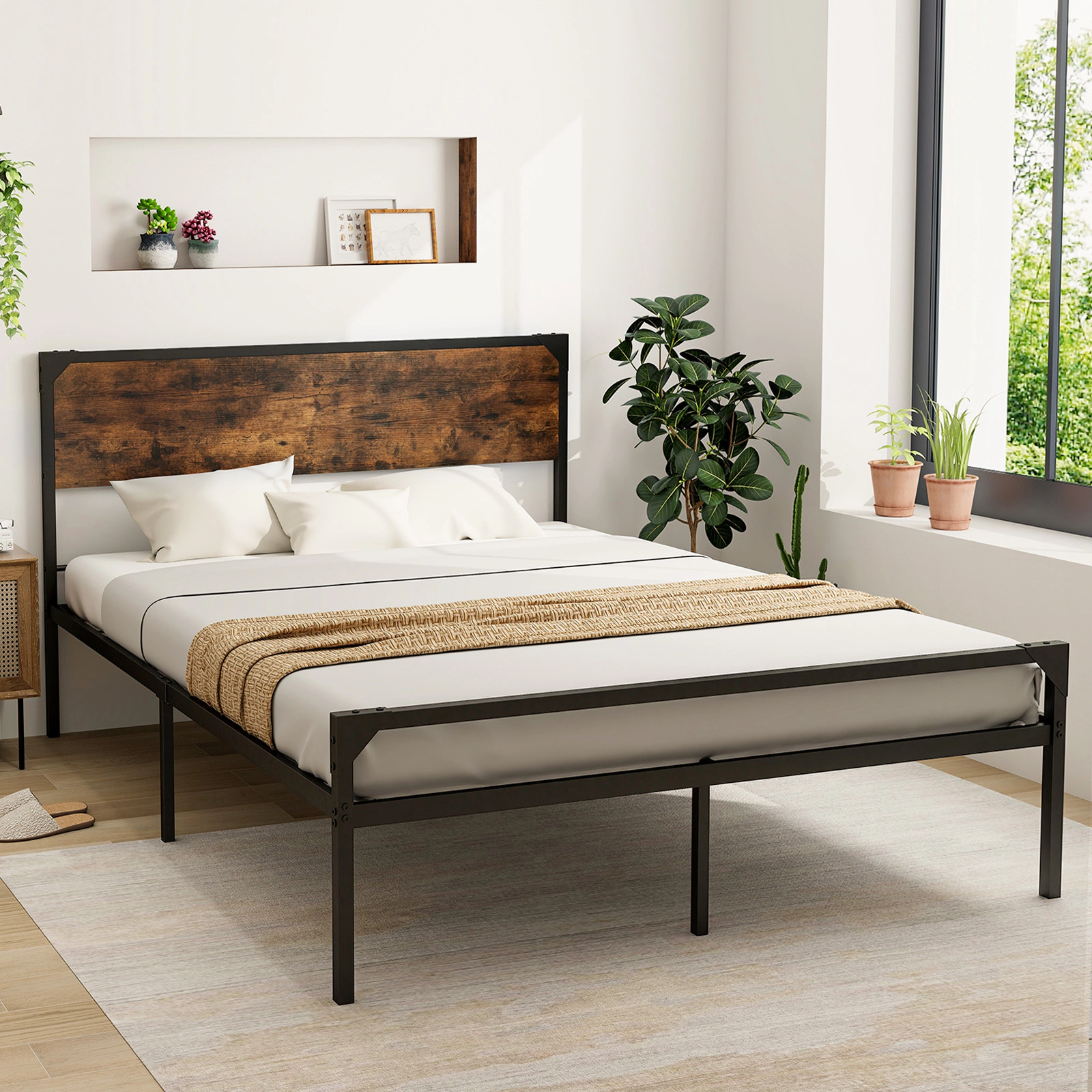SUGIFT Queen Platform Bed Frame, Rustic Brown Wood Panels, Black Metal, Headboard and Footboard