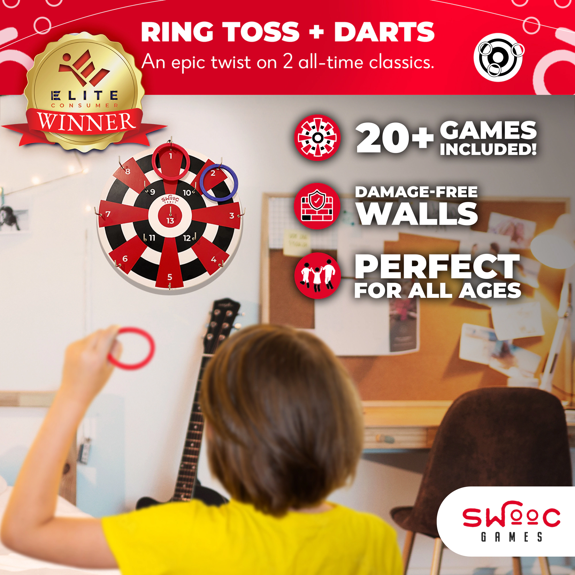 Swooc Games | Hook Darts Ring Toss Game | Wood Board and Soft Rings