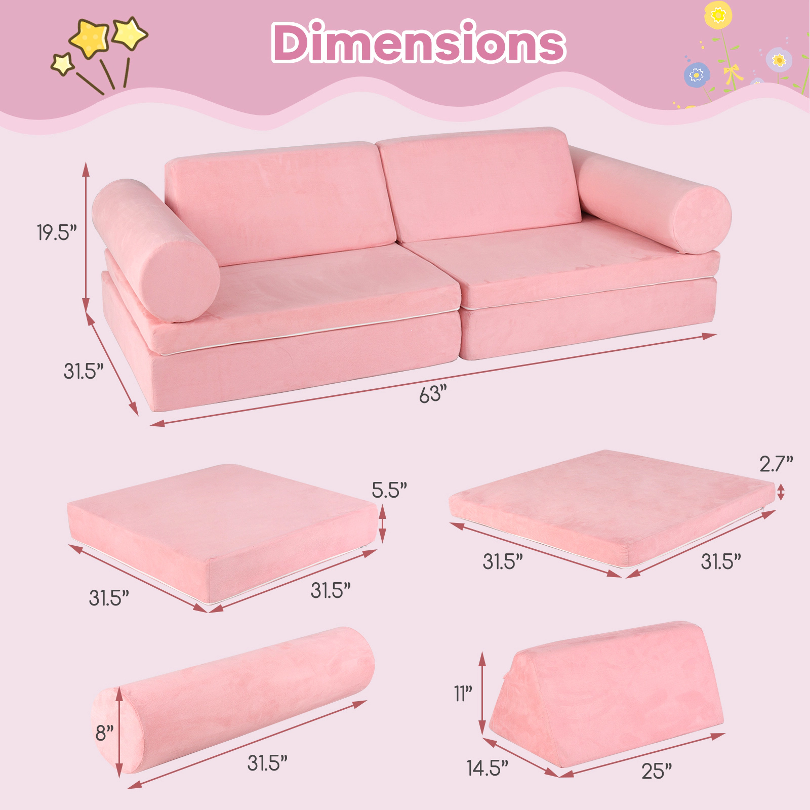 SUGIFT 8-Piece Modular Kids Foam Play Couch Building Fort Play Set with Suede Cover Pink