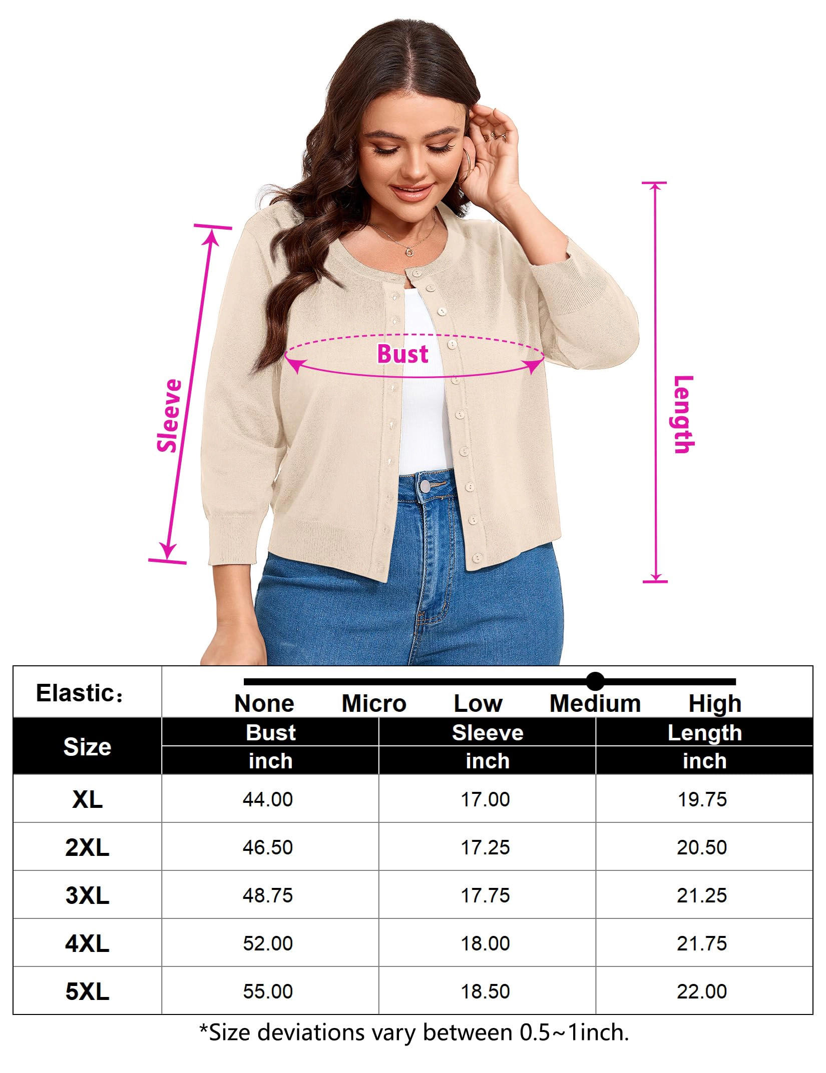 KOJOOIN Women Plus Cardigan 3/4 Sleeve Crew Neck Bolero Button Down Sweaters Knit Shrugs
