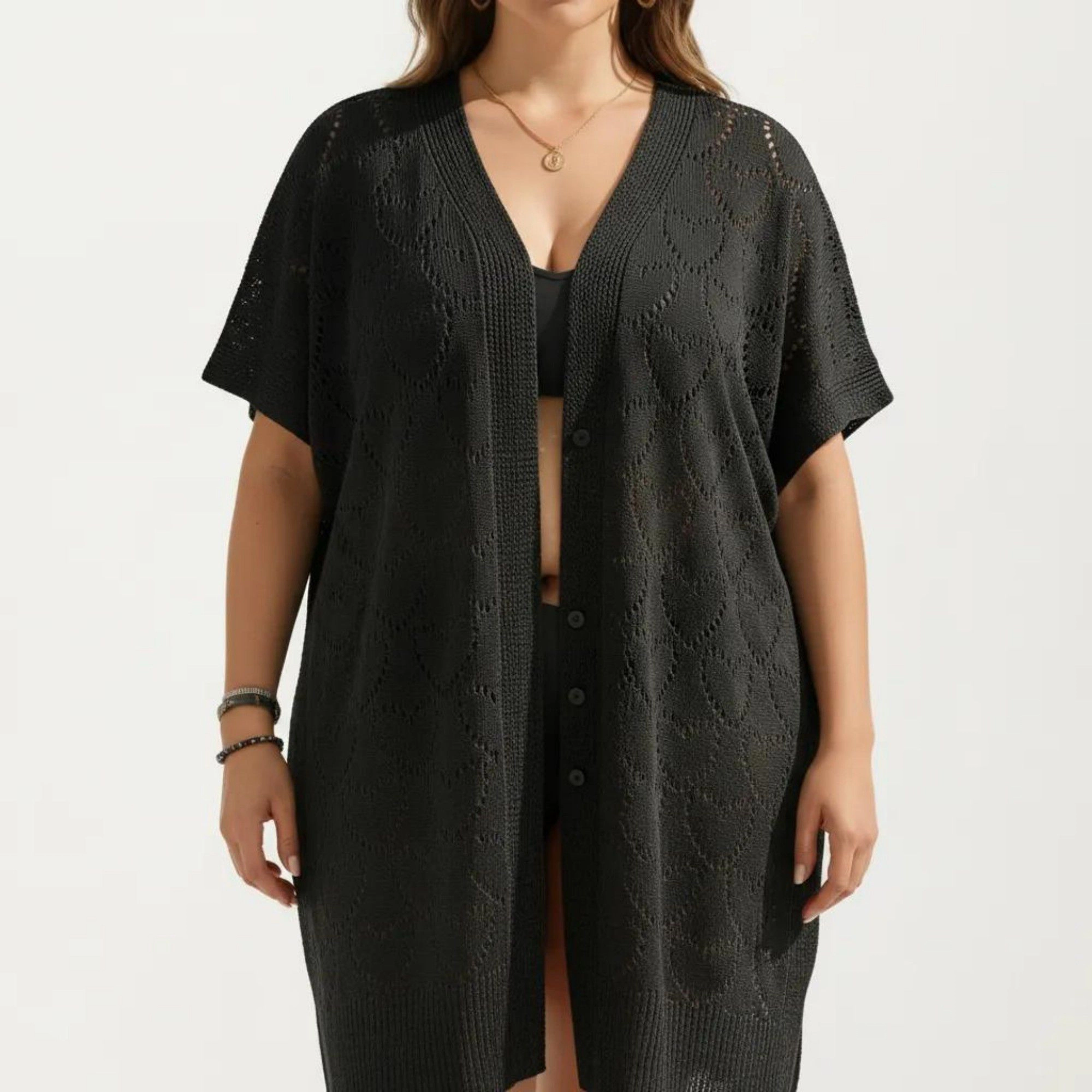 Anna-Kaci Women's Open-Front Knit Cardigan with Heart Pointelle Pattern Short Sleeves Mid Length Fit