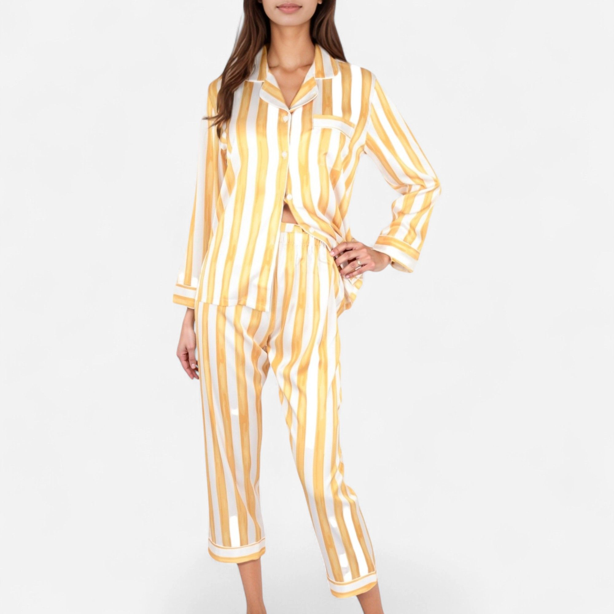 Anna-Kaci Women's Striped Satin Pajama Set with Long Sleeve Button Top and Cropped Pants