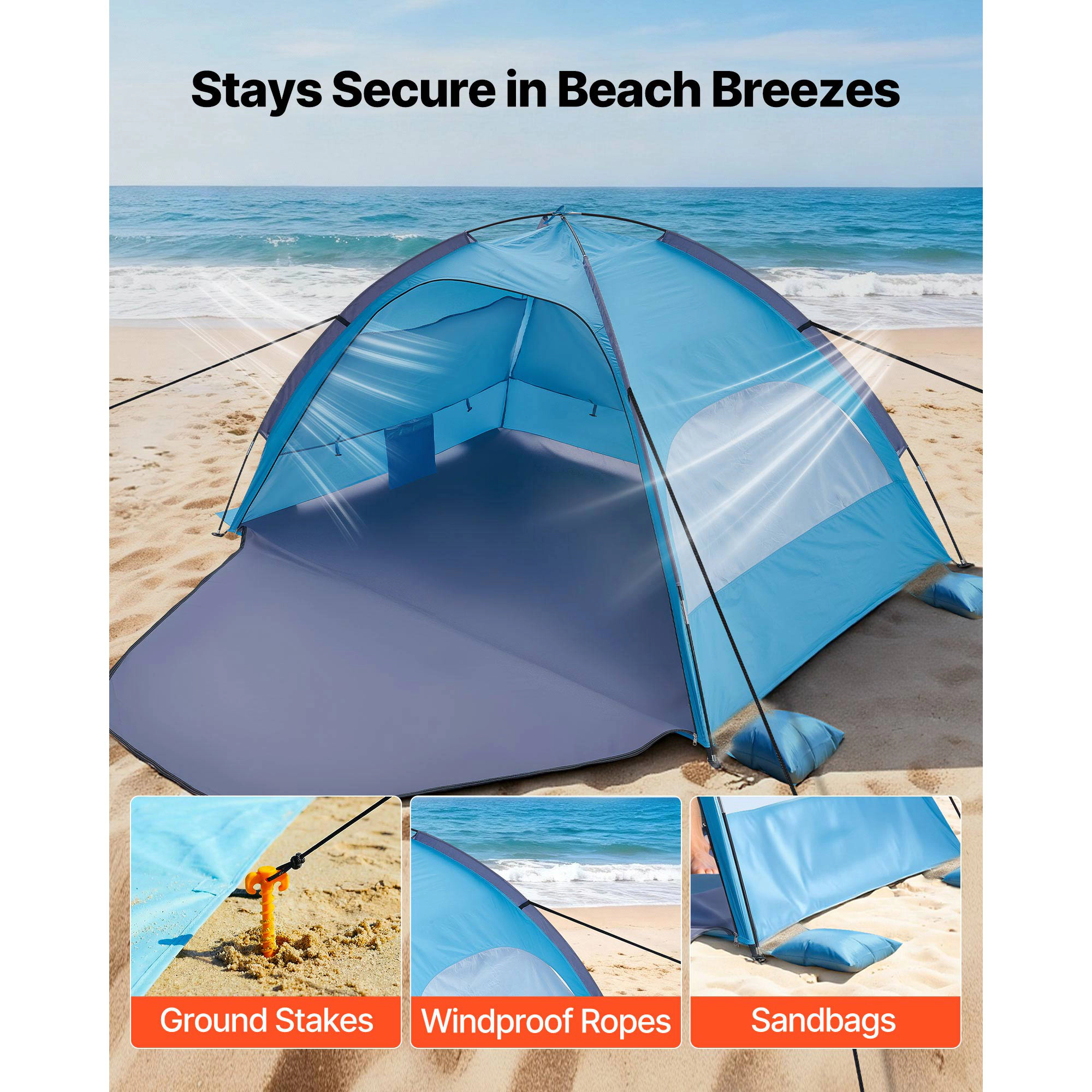 HONGGE Beach Tent Sun Shelter for 4 People, UPF 50+ Portable Sun Shade Canopy with Sand Pockets for Camping & Fishing