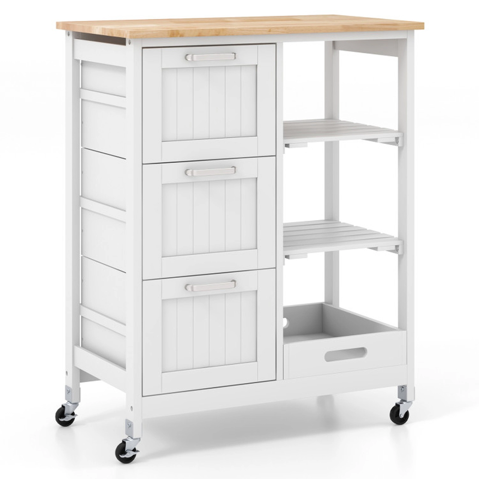 SUGIFT Rolling Kitchen Island Utility Cart White with 3 Drawers and Rubber Wood Top
