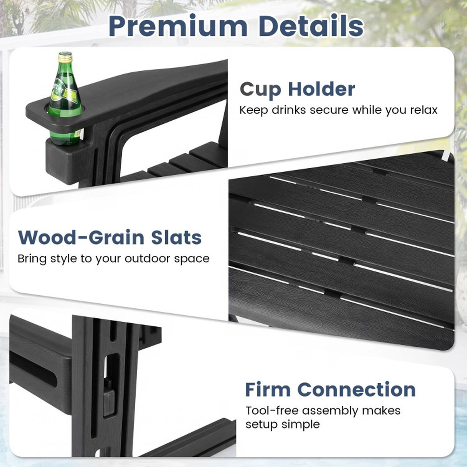 SUGIFT Black Backrest Armrests and Cup Holder Outdoor 29 Inch HDPE Bar Stool