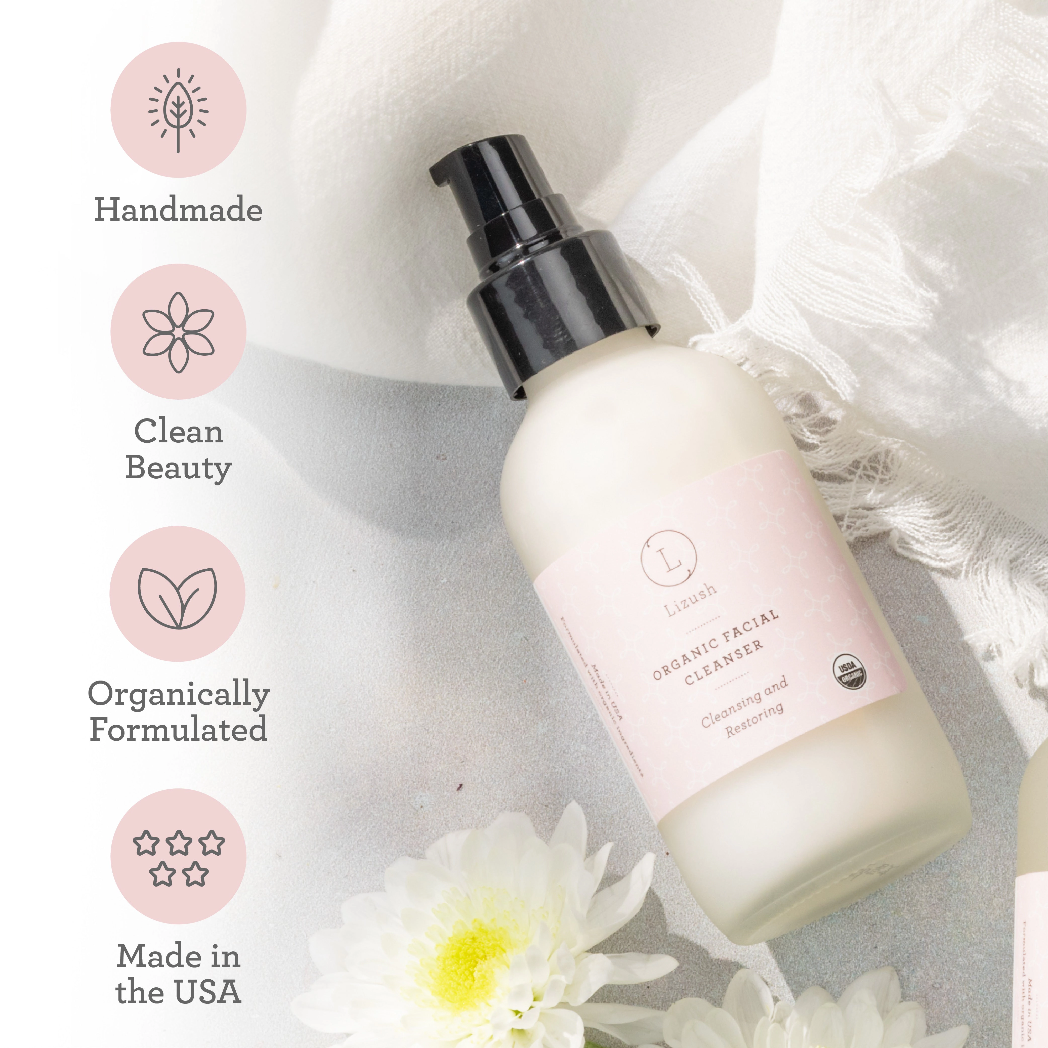 Lizush Organic Lavender Facial Cleanser, 4 fl oz - Gentle Cleansing and Restoring