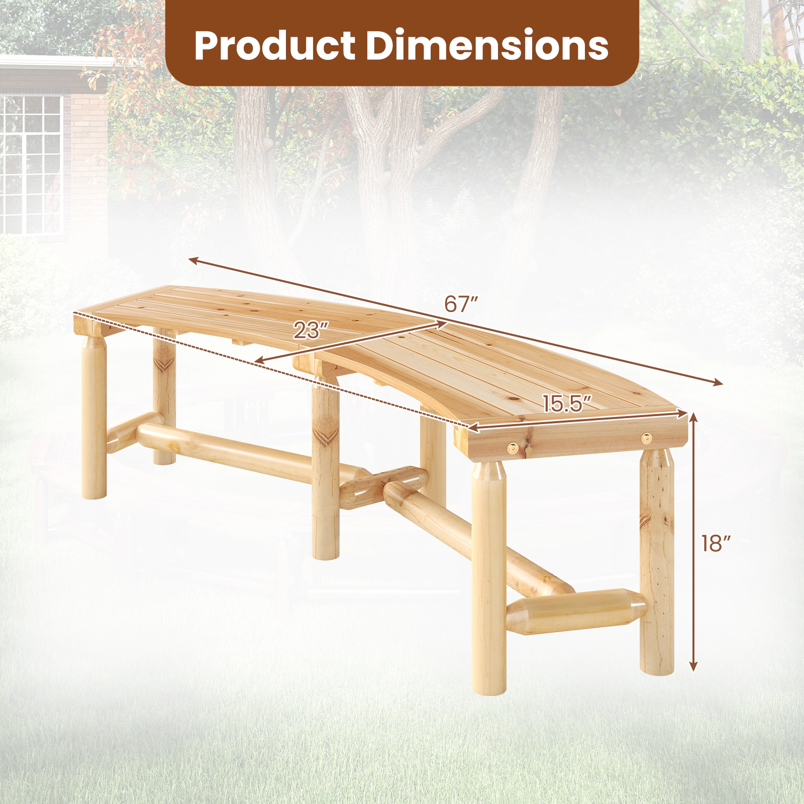 SUGIFT Curved Solid Wood Outdoor Fire Pit Bench 800-lb Capacity Backless Loveseat 67-in Wide Rustic Brown Natural