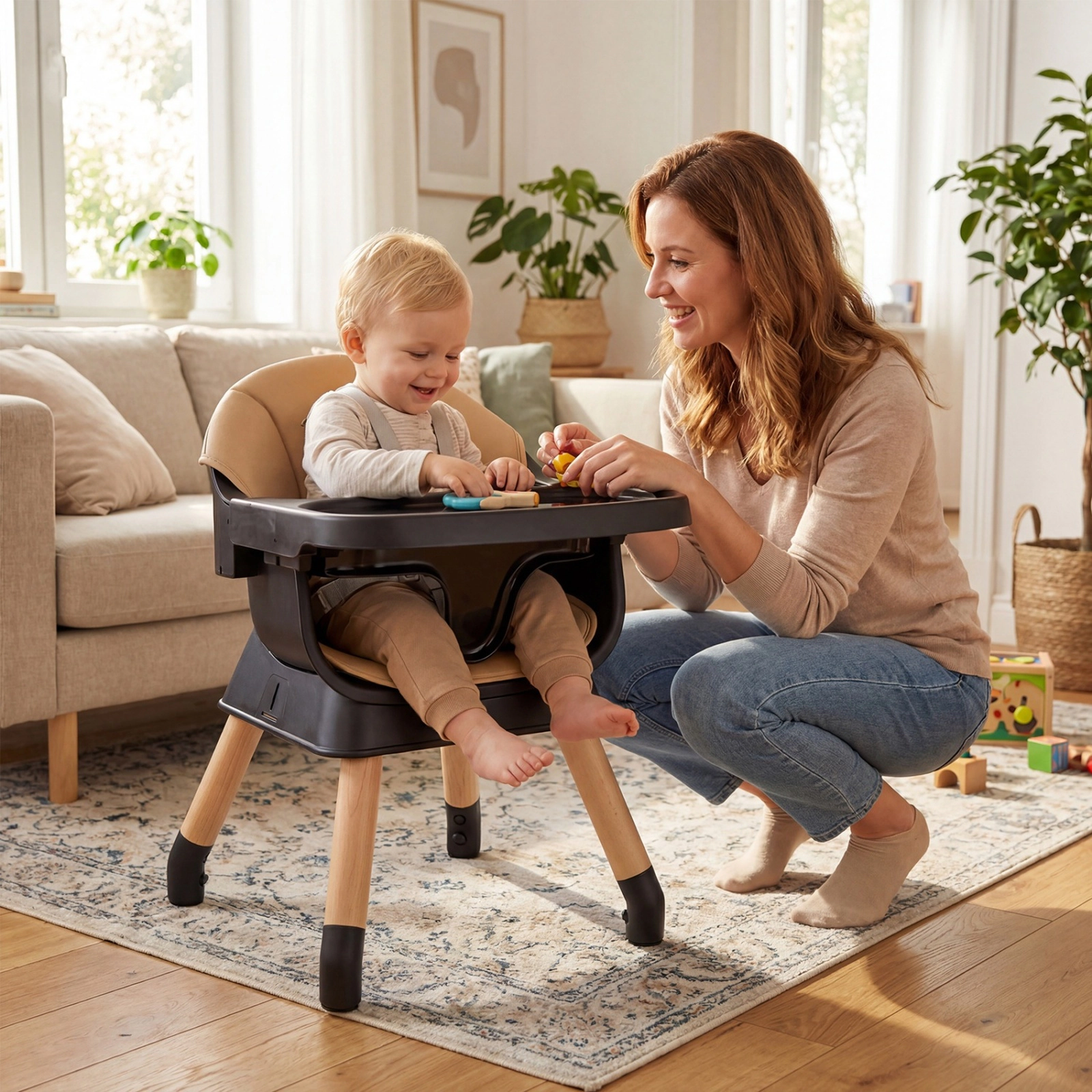 SUGIFT Solid Beech Wood Legs Booster Seat and Table 9-in-1 Convertible Baby High Chair