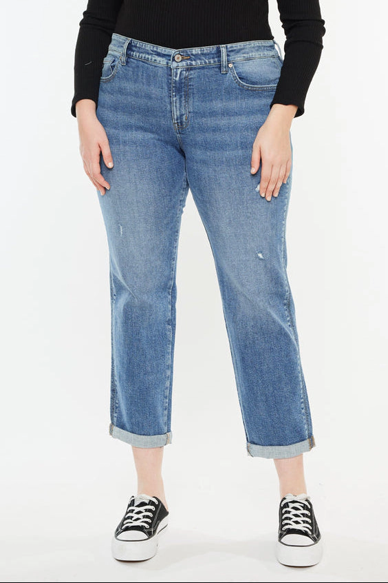 Kancan Women's Plus Mid Rise Slim Boyfriend Jeans Yvonne