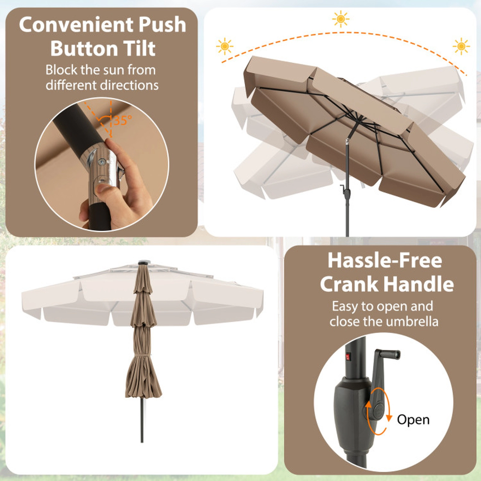 SUGIFT 3-Tier Vented Solar Patio Umbrella with LED Lights 10-ft Polyester Canopy 10 x 8.1 in Taupe