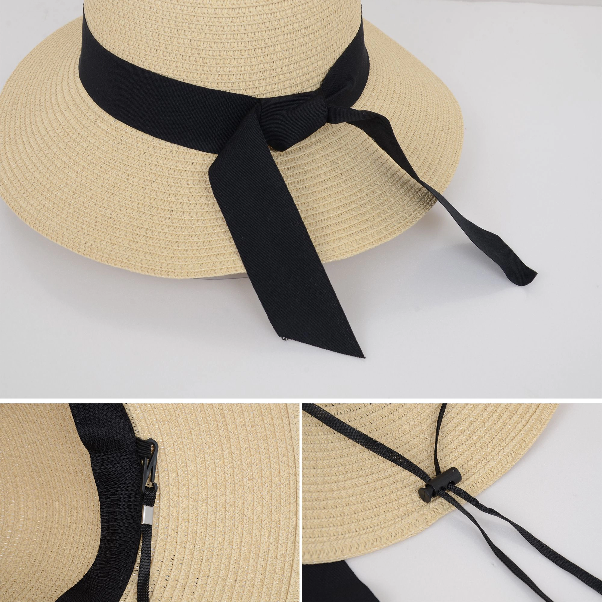 Anna-Kaci Women's Wide Brim Straw Sun Hat with Black Ribbon Bow Adjustable Chin Strap Inner Sweatband