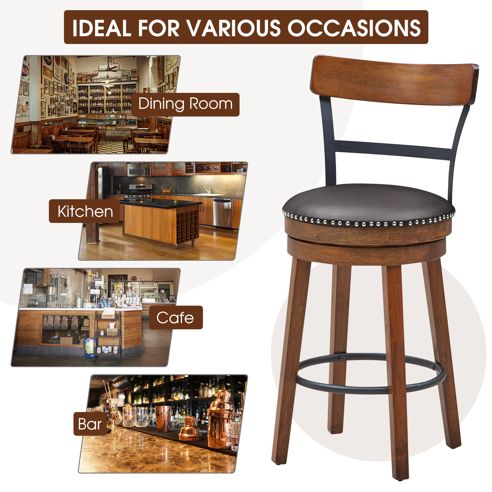 SUGIFT Set of 2 25.5-In Swivel Counter Height Bar Stools 250-Lb Capacity Brown