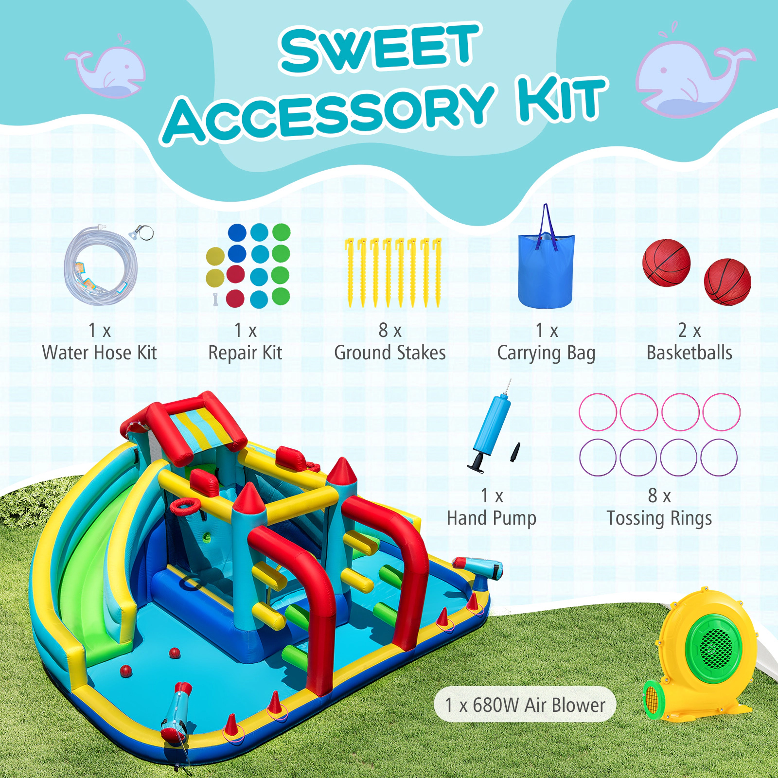 SUGIFT Obstacle Course Basketball Hoops and 680W Blower Kids Inflatable Double Water Slide Park