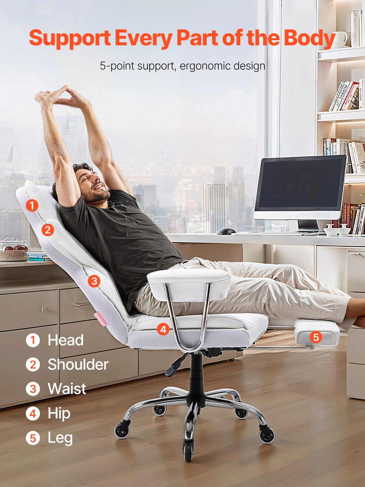 HONGGE Reclining Office Chair with Footrest Heavy Duty PU Leather Office Chair Executive Office Chairs with Lumbar