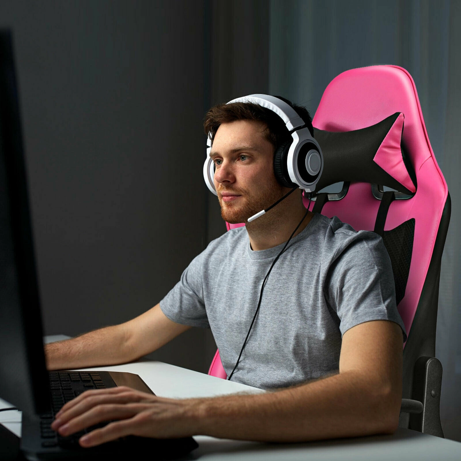 SUGIFT Pink USB Massage Lumbar Pillow and Retractable Footrest PU Leather Gaming Chair