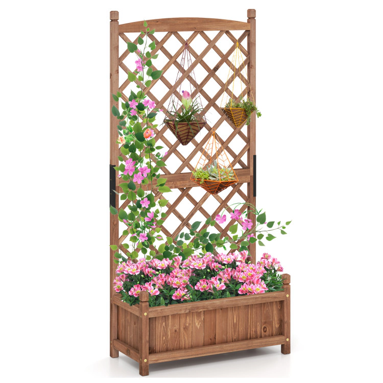 Hivvago 60 Inch Tall Raised Garden Bed with Diamond Lattice Trellis and Drainage Holes-Brown