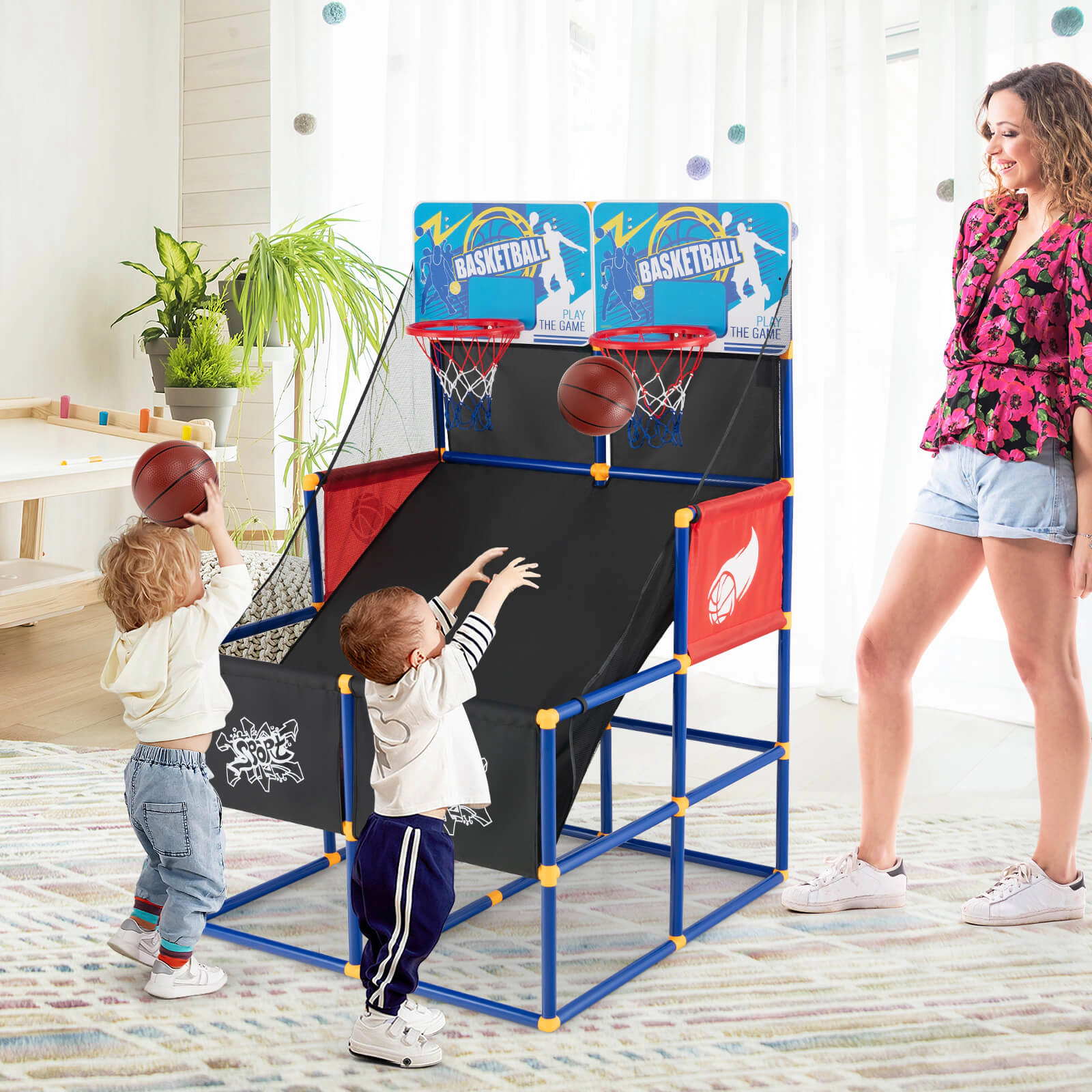 SUGIFT 55-in Kids Arcade Basketball Game Set with Dual Hoops Blocking Net 4 Basketballs and Ball Pump