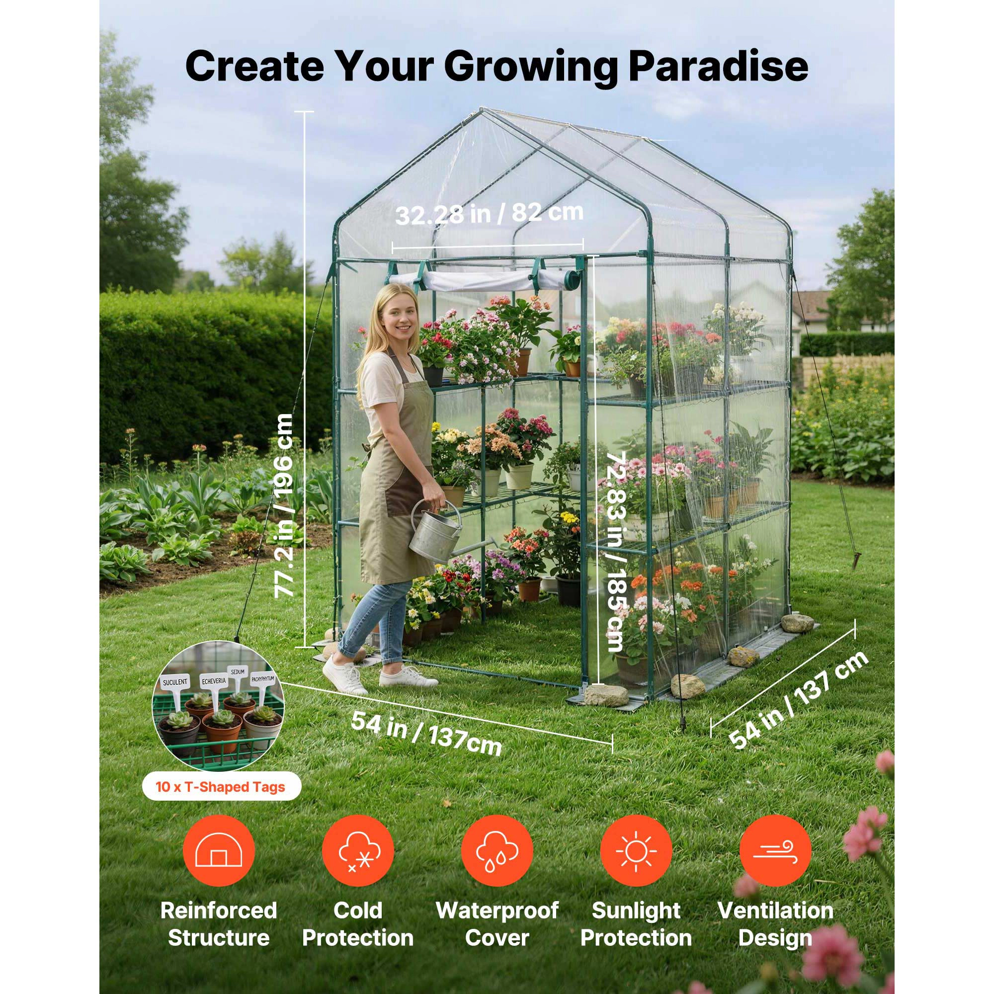 HONGGE Walk-In Greenhouse, 54 x 54 x 77.2 in, Steel Frame with 10 Shelves & Clear PVC Cover for Outdoor Gardening