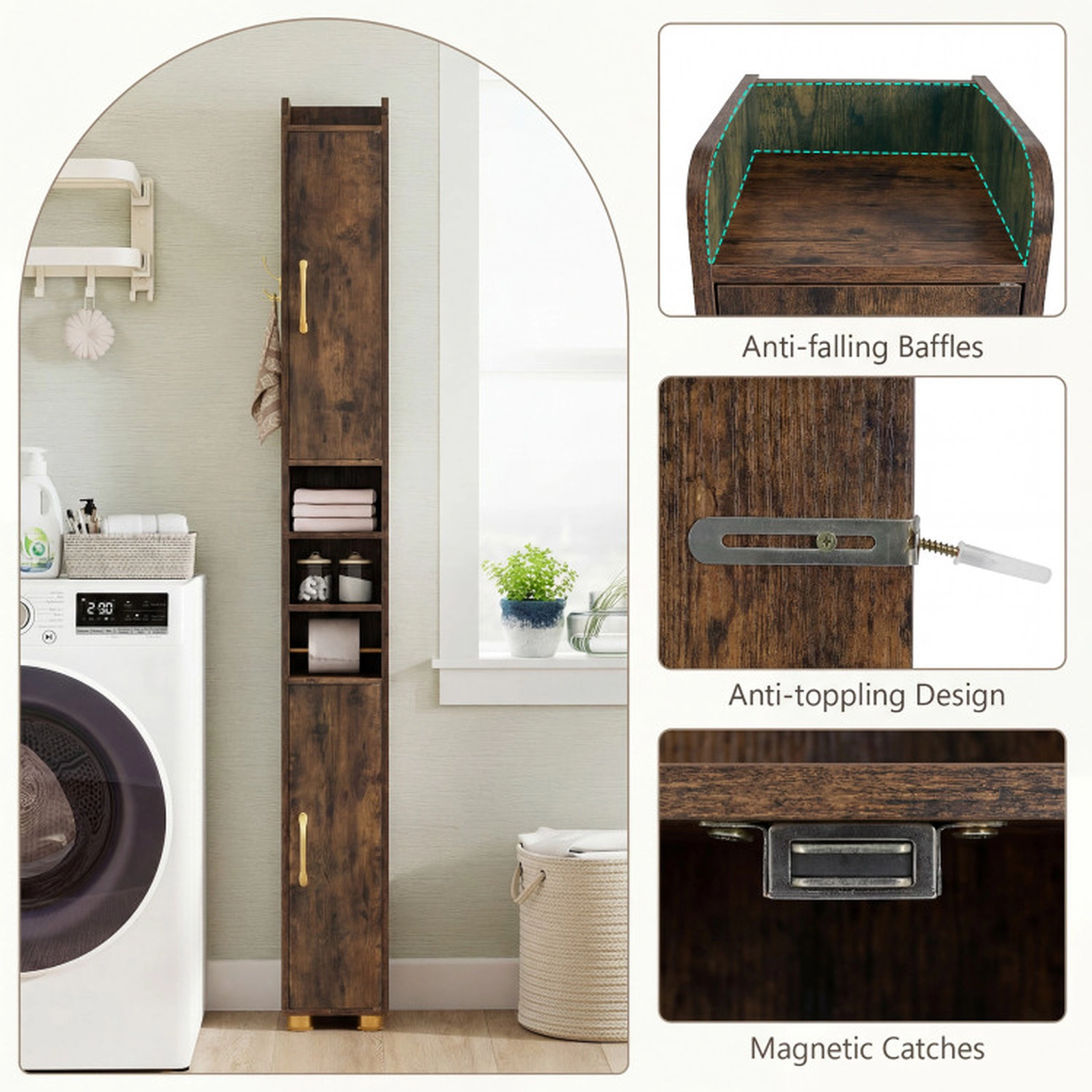 SUGIFT Narrow 8 x 8 in Bathroom Storage Cabinet with Open Shelves, Toilet Paper Holder and 4.5-lb Hook Capacity Brown