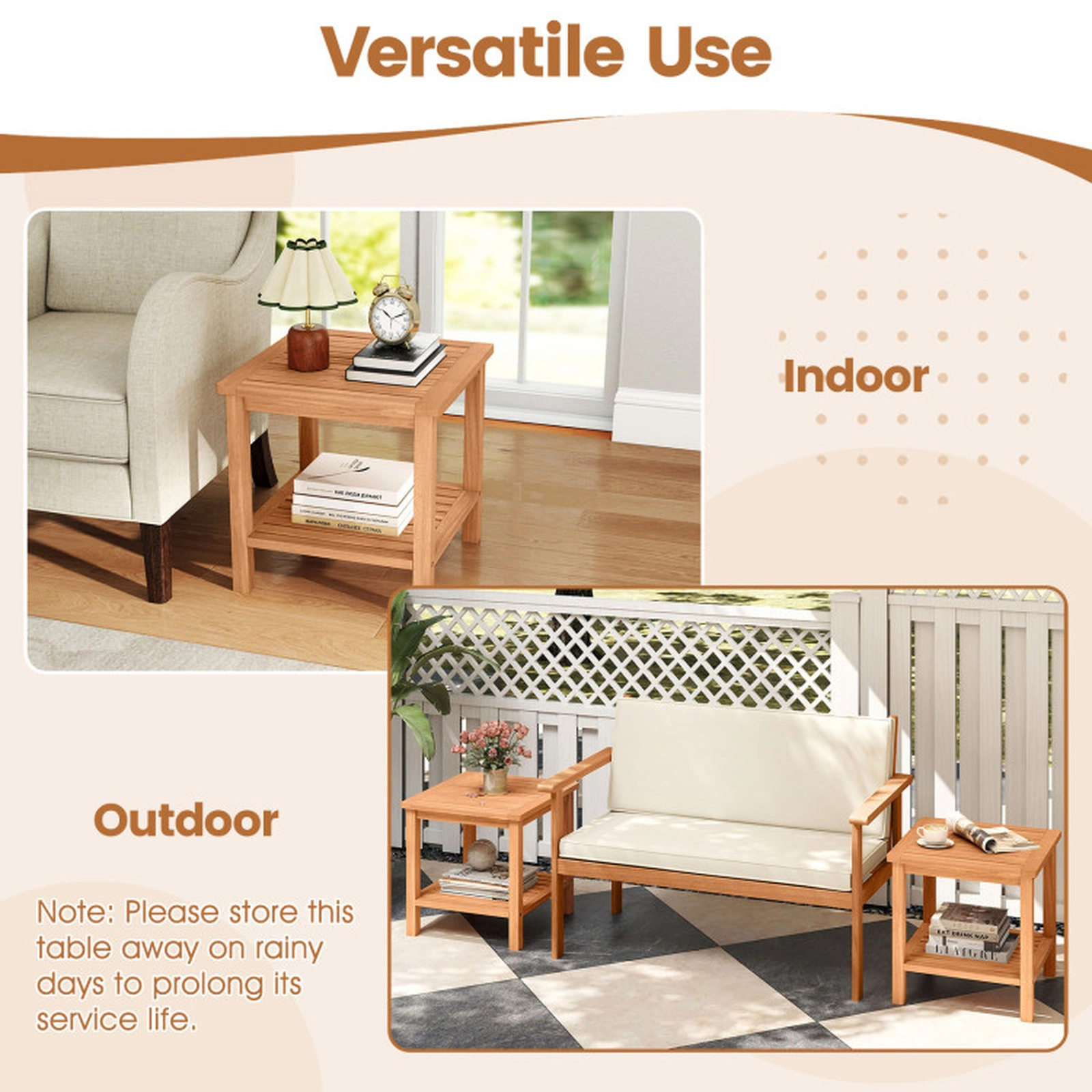 SUGIFT 2-Tier Patio Side Table with Slatted Tabletop and Storage Shelf 165-lb Capacity Natural