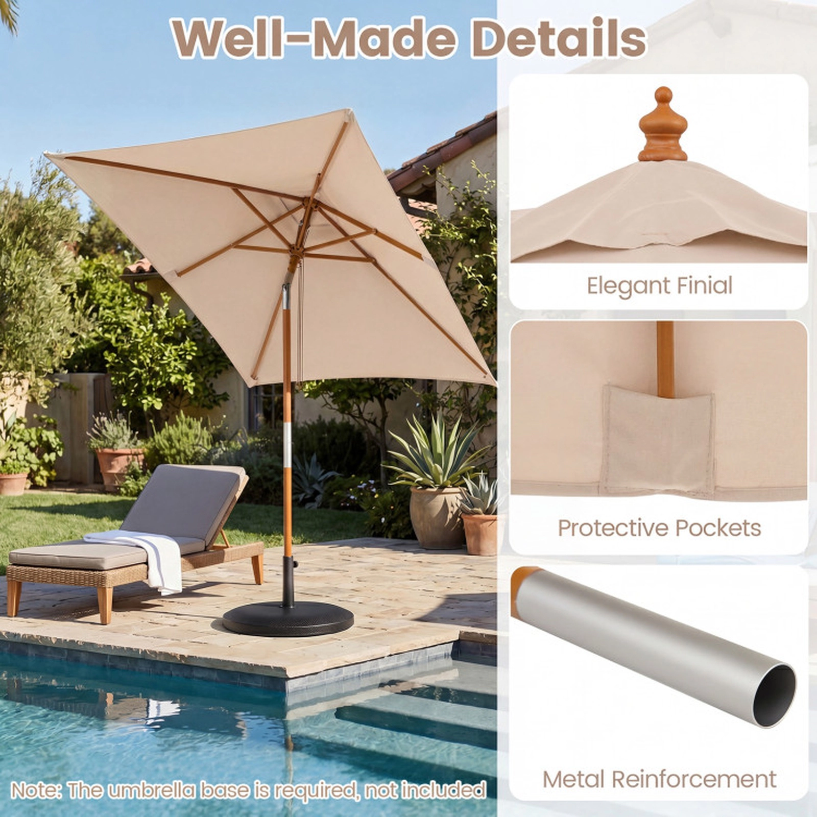 SUGIFT Beige Wooden Pole Push Button Tilt and 3 Heights 7 FT Rectangular Patio Umbrella